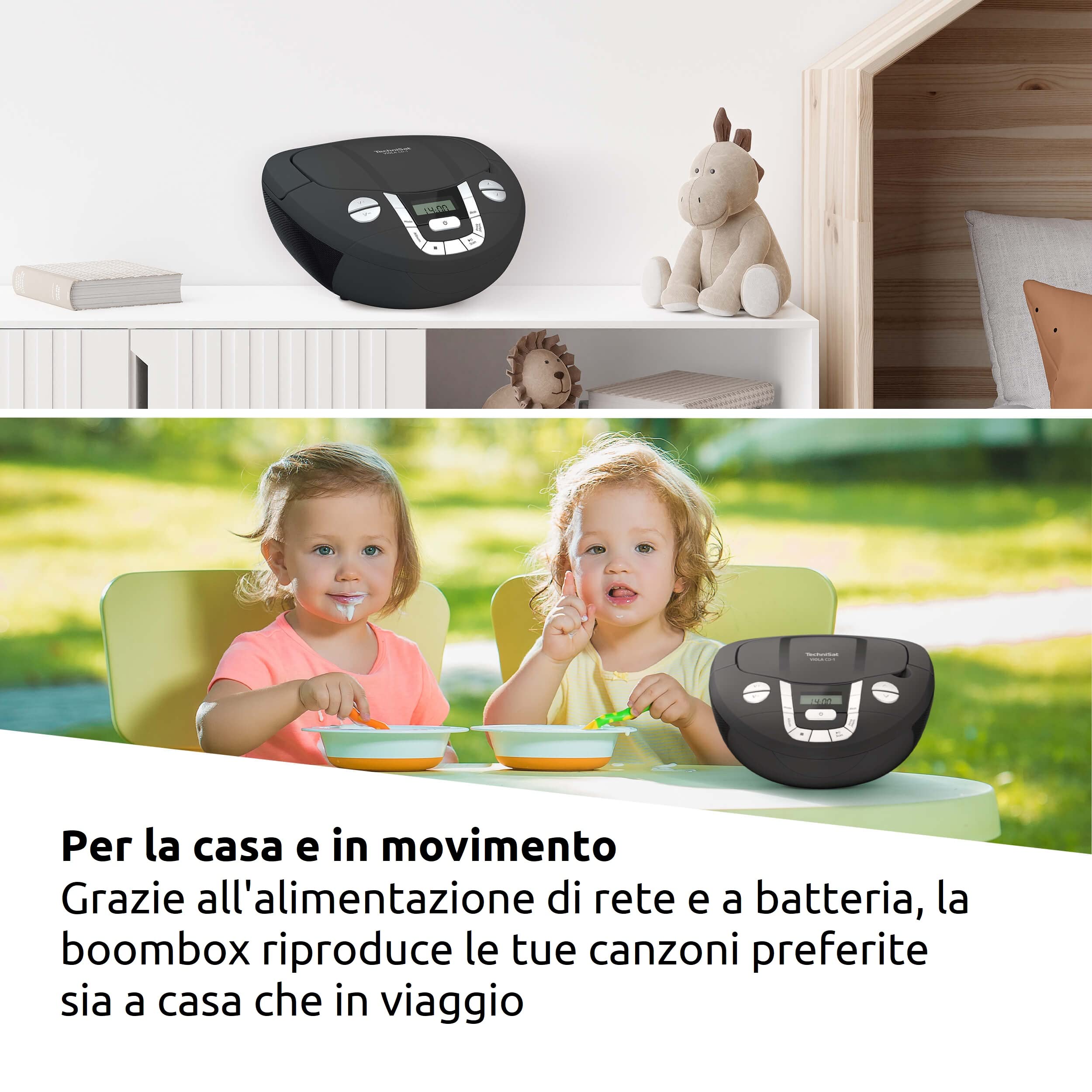 TechniSat VIOLA CD-1 - lettore CD stereo portatile con maniglia per il trasporto, boombox nera, sintonizzatore radio FM, ricezione Bluetooth, potenza di 2 x 1 W RMS, alimentazione a rete e a batteria