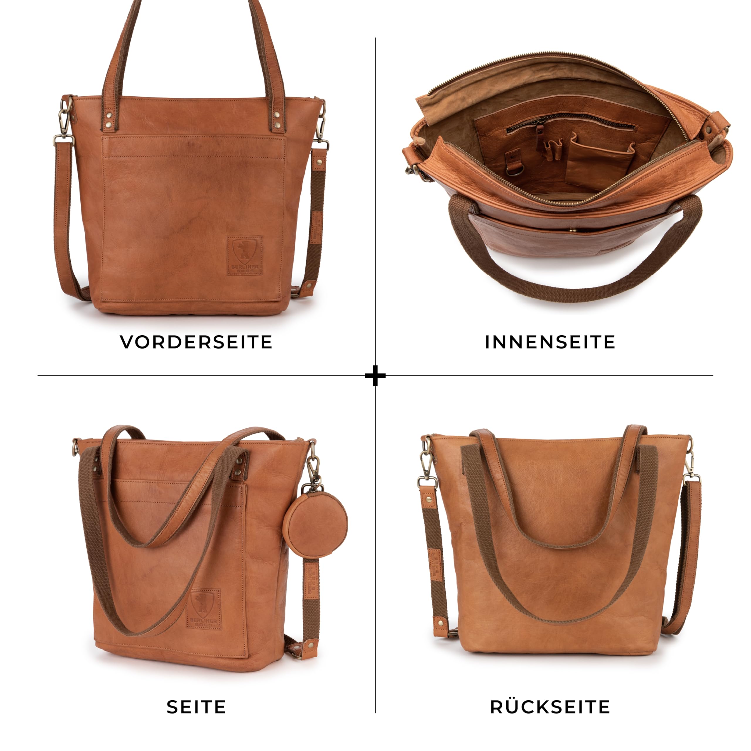 Berliner Bags Vintage Umhängetasche Verona, Große Schultertasche aus Leder mit YKK Reißverschluss, Shopper, Henkeltasche für Damen