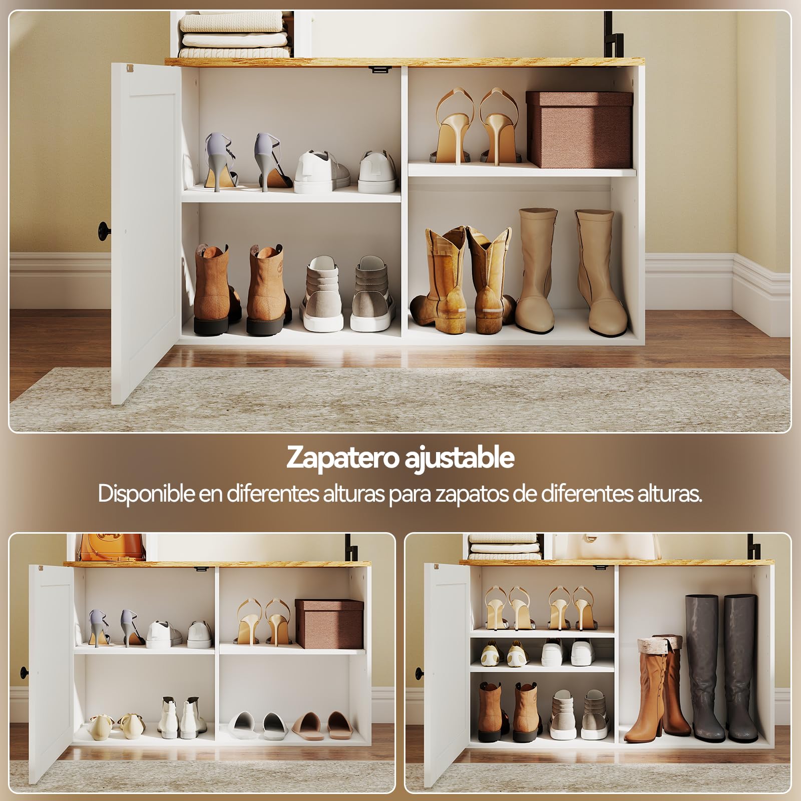YU YUSING Perchero Zapatero Multifuncional, Perchero Entrada Recibidor | Espejo con Zapatero con Banco para Zapatos, Mueble Zapatero Recibidor Moderno con 4 Ganchos,90x30x170cm, Blanco y Natural