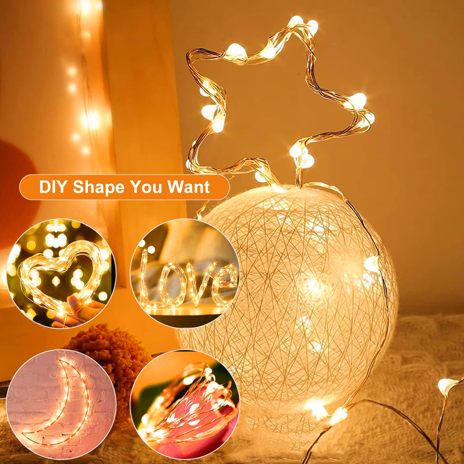Ghirlanda di luci a forma di luna stellata, impermeabile, funzionamento a batteria, 2,8 m, 20 LED, per fai da te, Natale, matrimoni, feste, camera da letto (bianco caldo, confezione da 50)