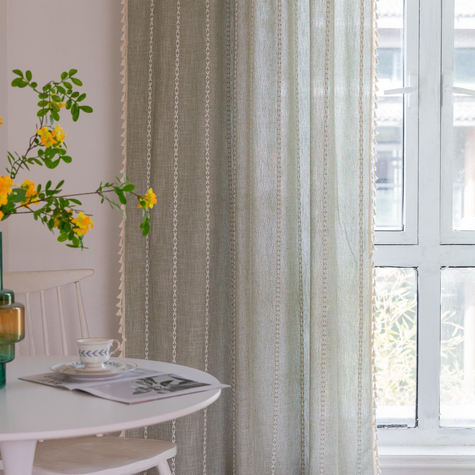 A.Monamour Tenda Interni Traslucido Semi Oscurante Boho Decorativo con Nappe a Righe Effetto Lino Tessuto Spesso Tende a Pannello Porta Finestra per Camera da Letto Soggiorno Cucina, 1 Pezzo, verde