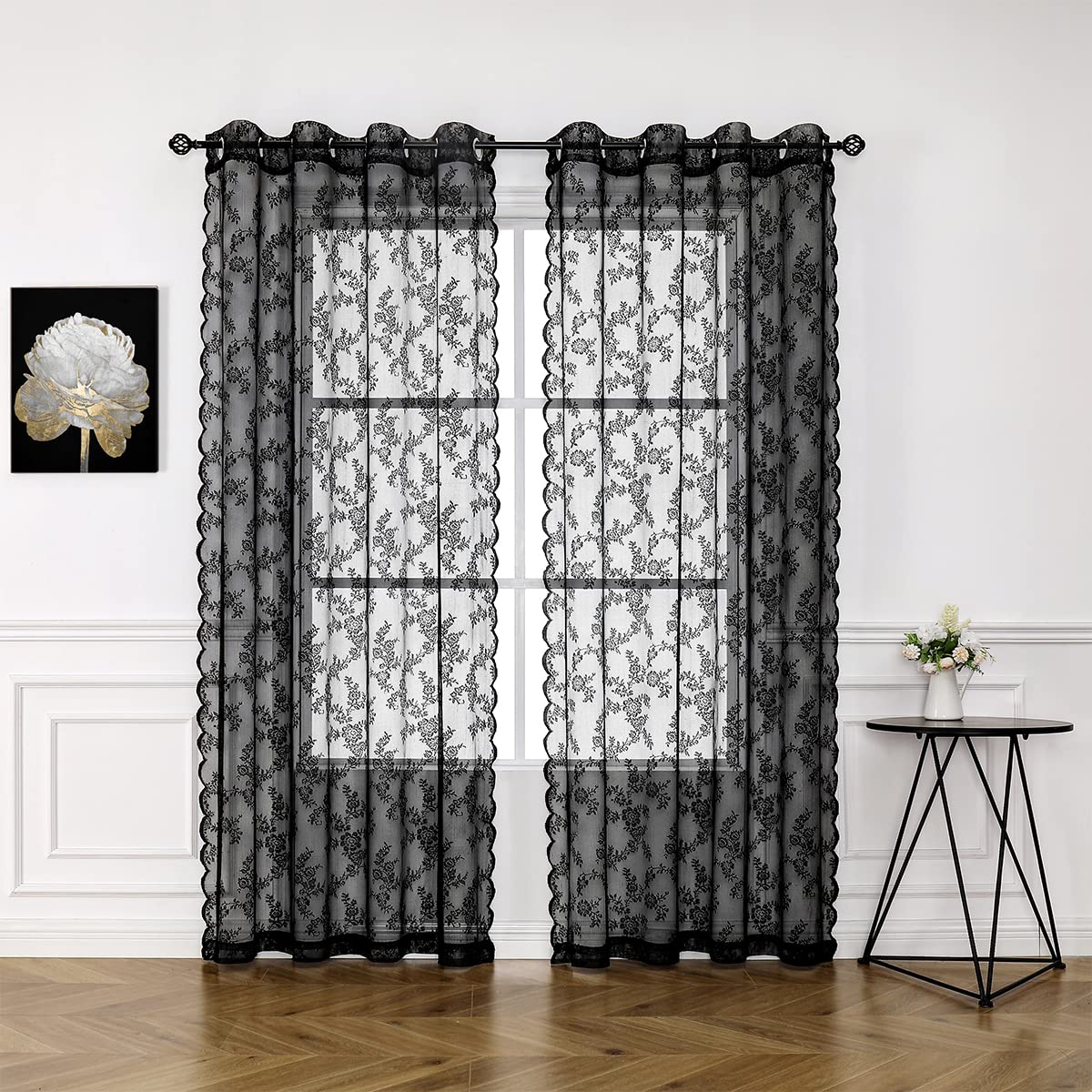 Lotusolution Black Lace Curtains for Bedroom 95 Inches Long Vintage French Floral Embroidery Sheer Voile Durable Rose Fabric Grommet Top Window Treatment Drapes Living Room, 55'' w 2 Panels