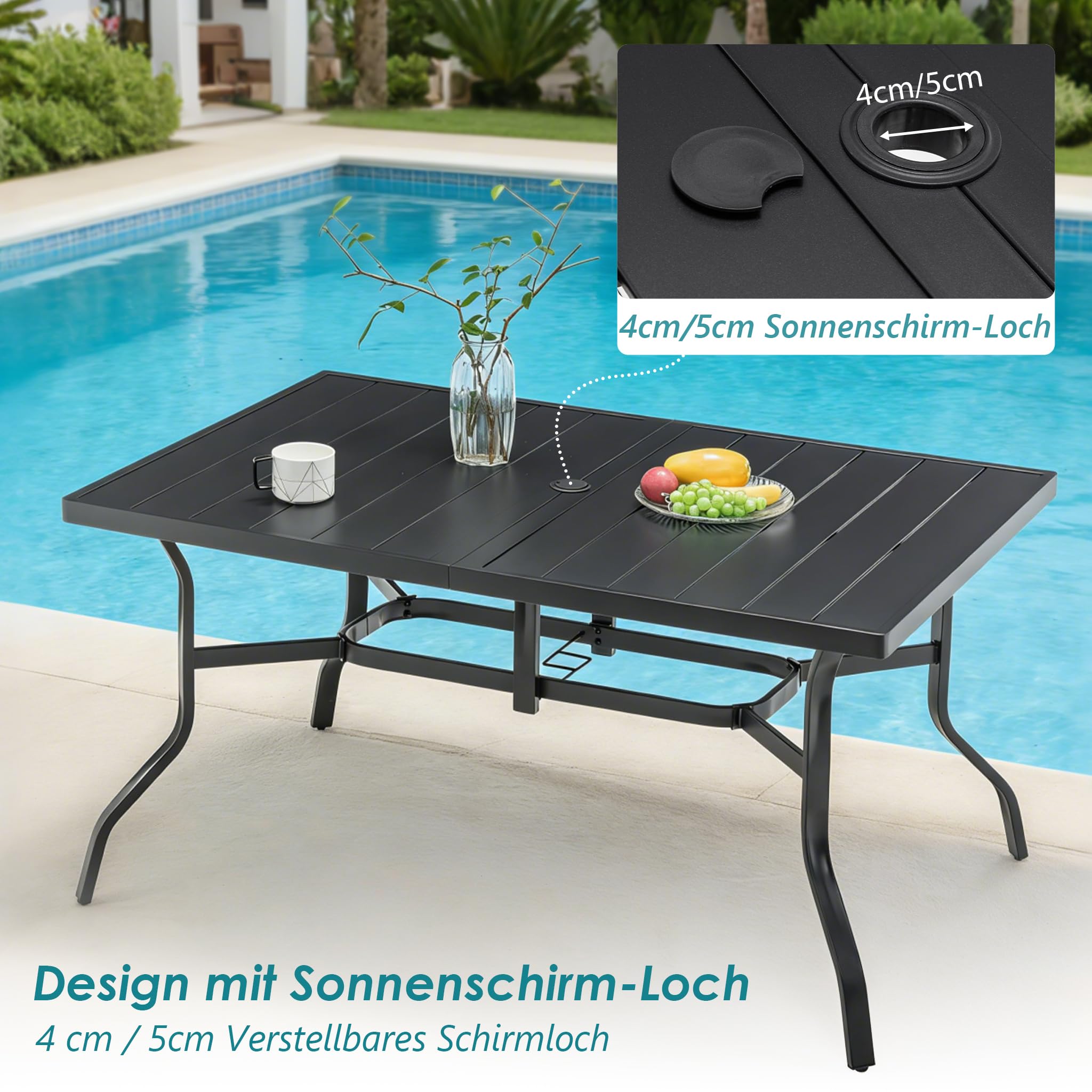 Thanaddo Gartentisch mit Schirmloch für 6 Personen, Wetterfest Terrassentisch aus Stahl, Draussen Metall Tisch Gartenmöbel 150x94 cm Gartentische Campingtisch für Garten Balkon Outdoor, Schwarz