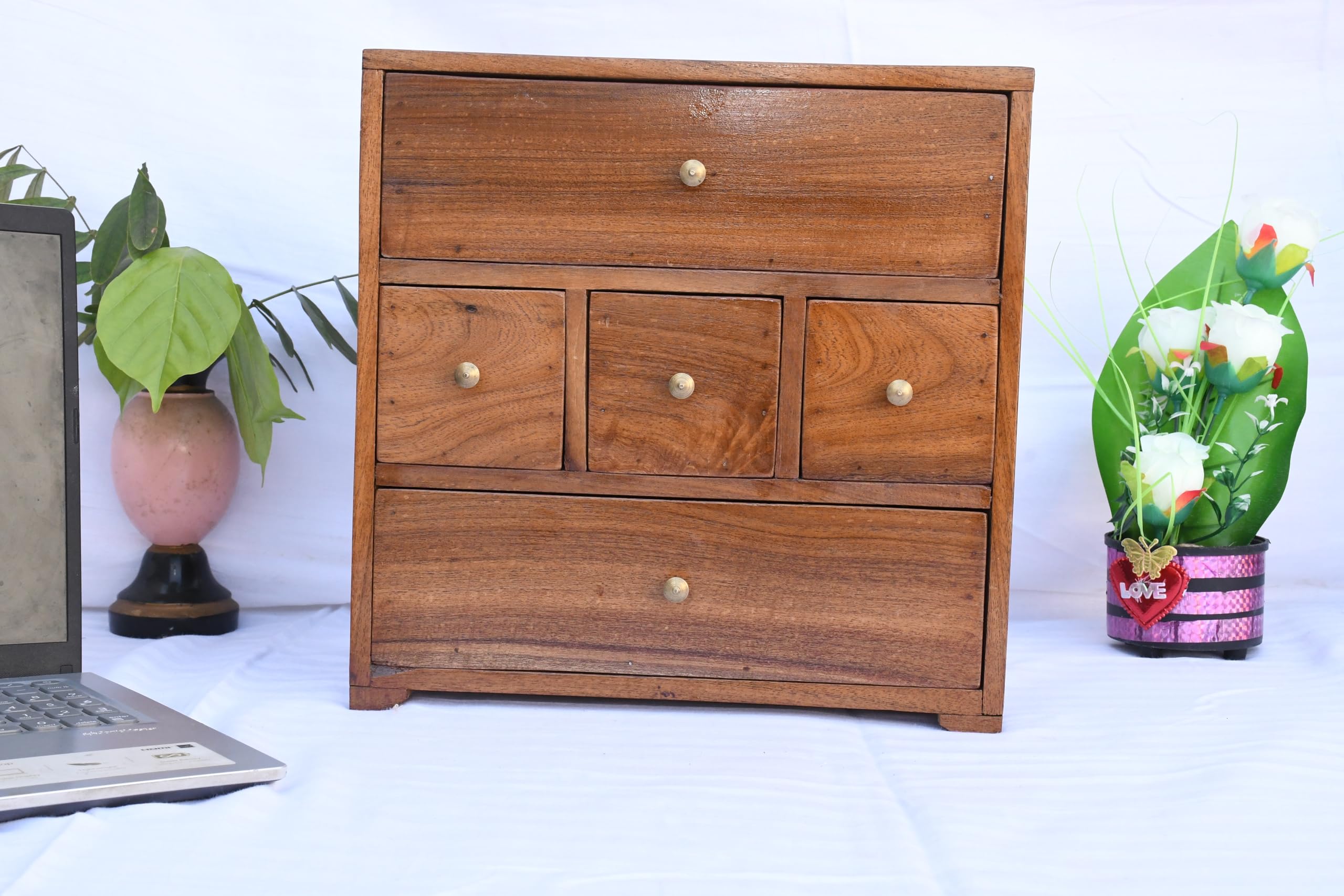 Wooden Desk Organizer Pen/Stationary Storage Natrual Solid Wood 5 Drawer Chest Handmade Woven Stool charpai Chair Handcrafted Box Organiser-image-1