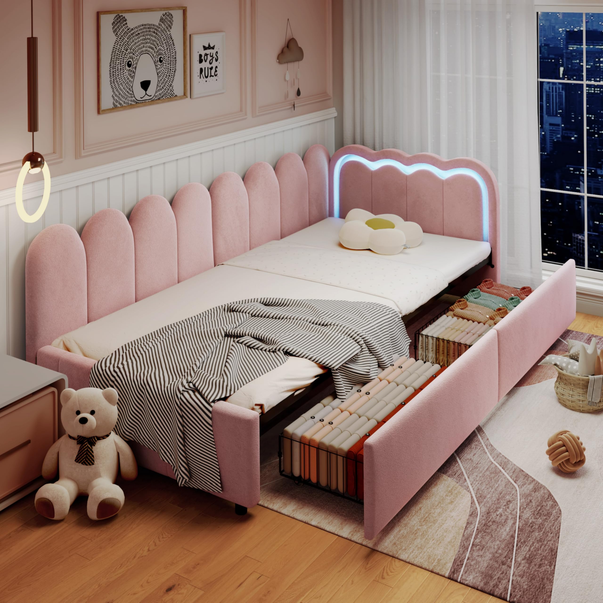 Merax 3ft Single Bed with 2 Storage Drawers, Upholstered Daybed with Smart RGB LED Lights, Modern Velvet Youth Bed with Scalloped Backrest and Wooden Slats, Reversible Side Panel, Pink (No Mattress)