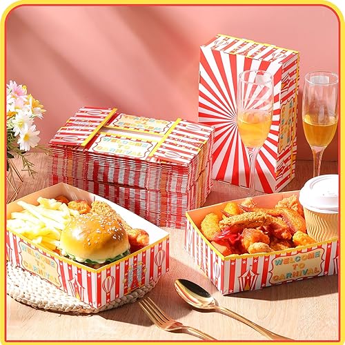 Miniatura 4 de Patelai Juego de 100 bandejas de comida de carnaval de 3 libras, juego de bandejas de comida de papel de 4 esquinas, caja de comida de cartón