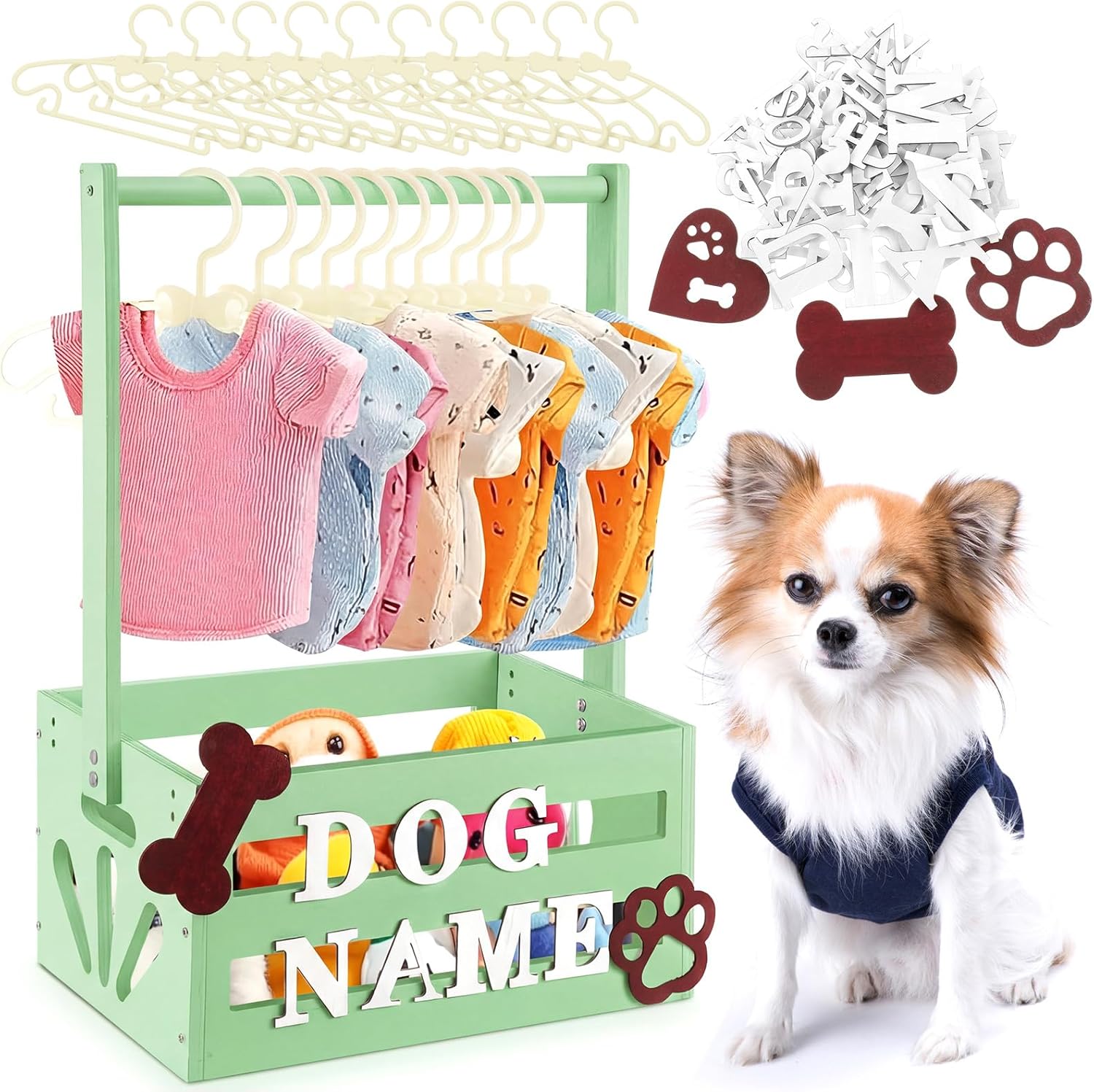 20" x 13" x 9" Wooden Dog Closet Pet Wardrobe Crate Box with Hanging Rods and Personalized Alphabet Letters Easy Assembly Baskets for Dog Cat Toys Clothes Accessories (Green)