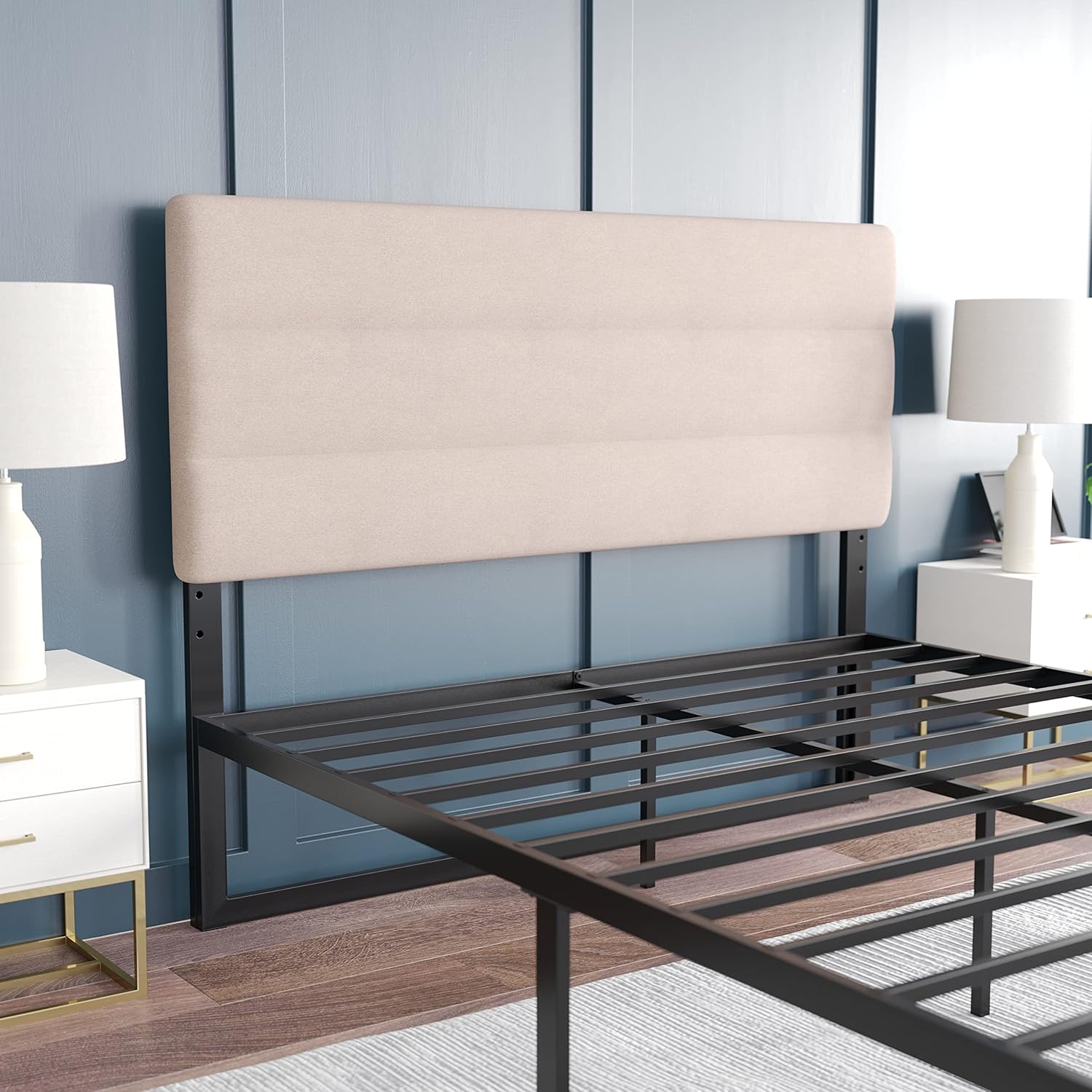 EMMA + OLIVER Gannon Queen Headboard - Taupe Fabric Upholstery - Adjustable Height - Assembly in 30 Minutes or Less - Suitable for Most Bed Frames (Not Included)