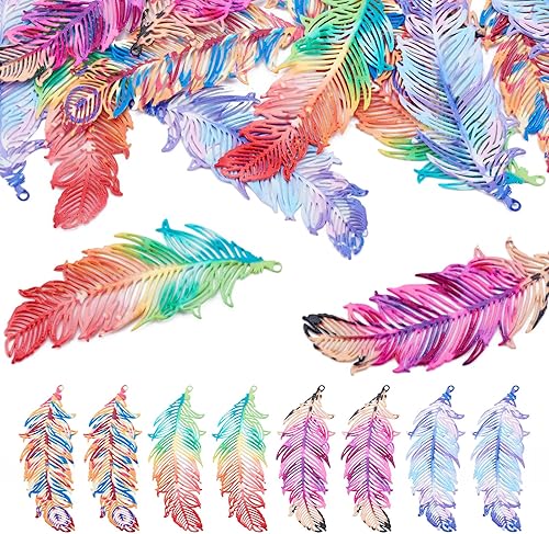 FASHEWELRY 16 dijes de plumas de arco iris de acero inoxidable con alas de filigrana, adornos de metal de 4 colores para hacer joyas, pulseras y