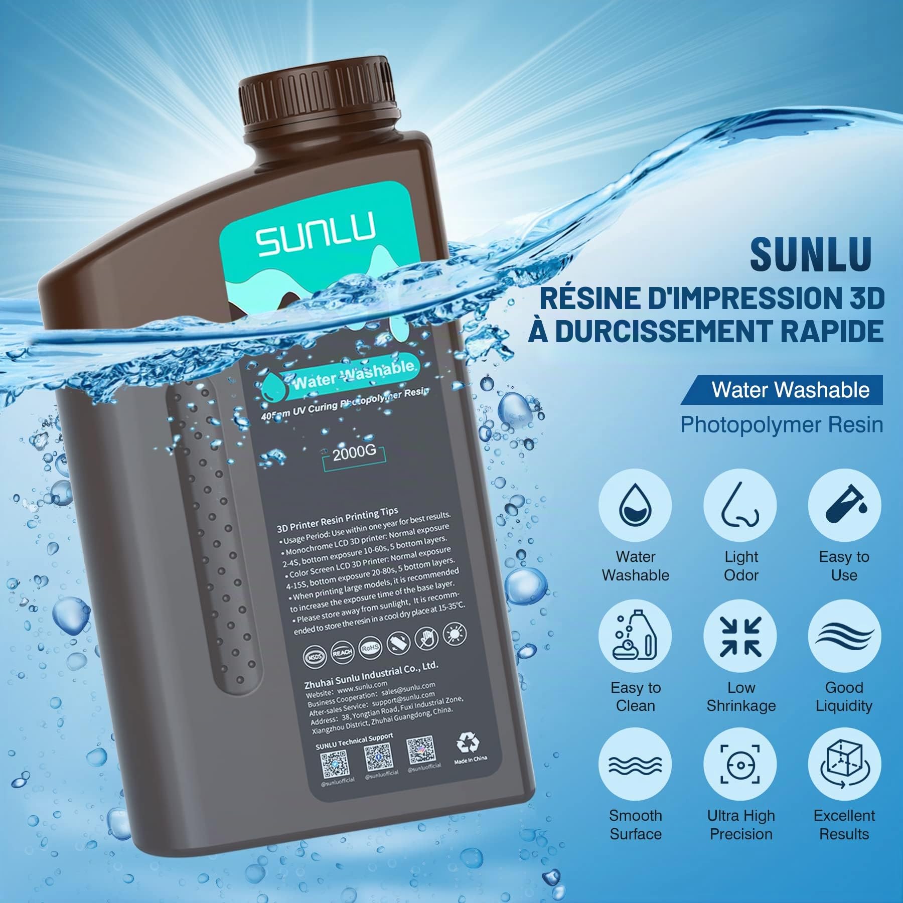 SUNLU Résine Lavable à l'Eau pour Imprimante 3D, 2kg 405nm UV Résine Photopolymère à Durcissement Rapide pour Imprimante 3D 4K 8K LCD DLP SLA, Pas d'Alcool Nécessaire, Haute Précision,2000g Gris Foncé