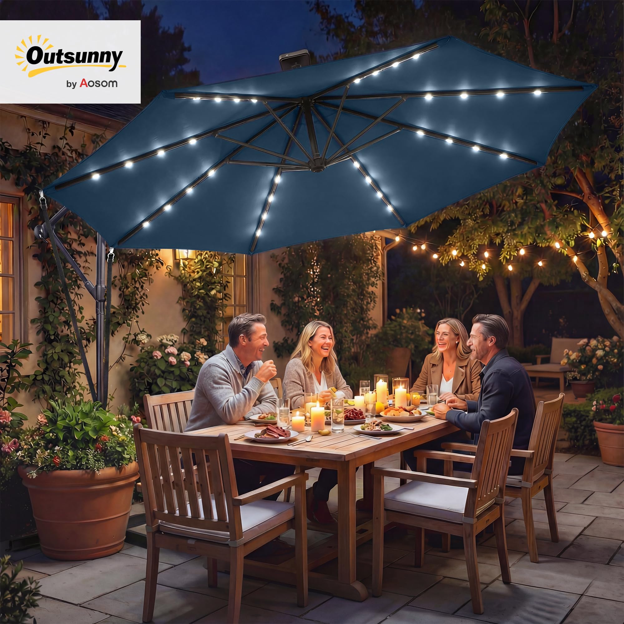 Outsunny Parasol Excéntrico con Luces LED Solares Ø345 cm Azul Marino | Sombrilla de Jardín de Aluminio, Base Cruzada, Manivela, Funda Protectora, Cuerdas de Viento, UPF50+, Terraza Exterior