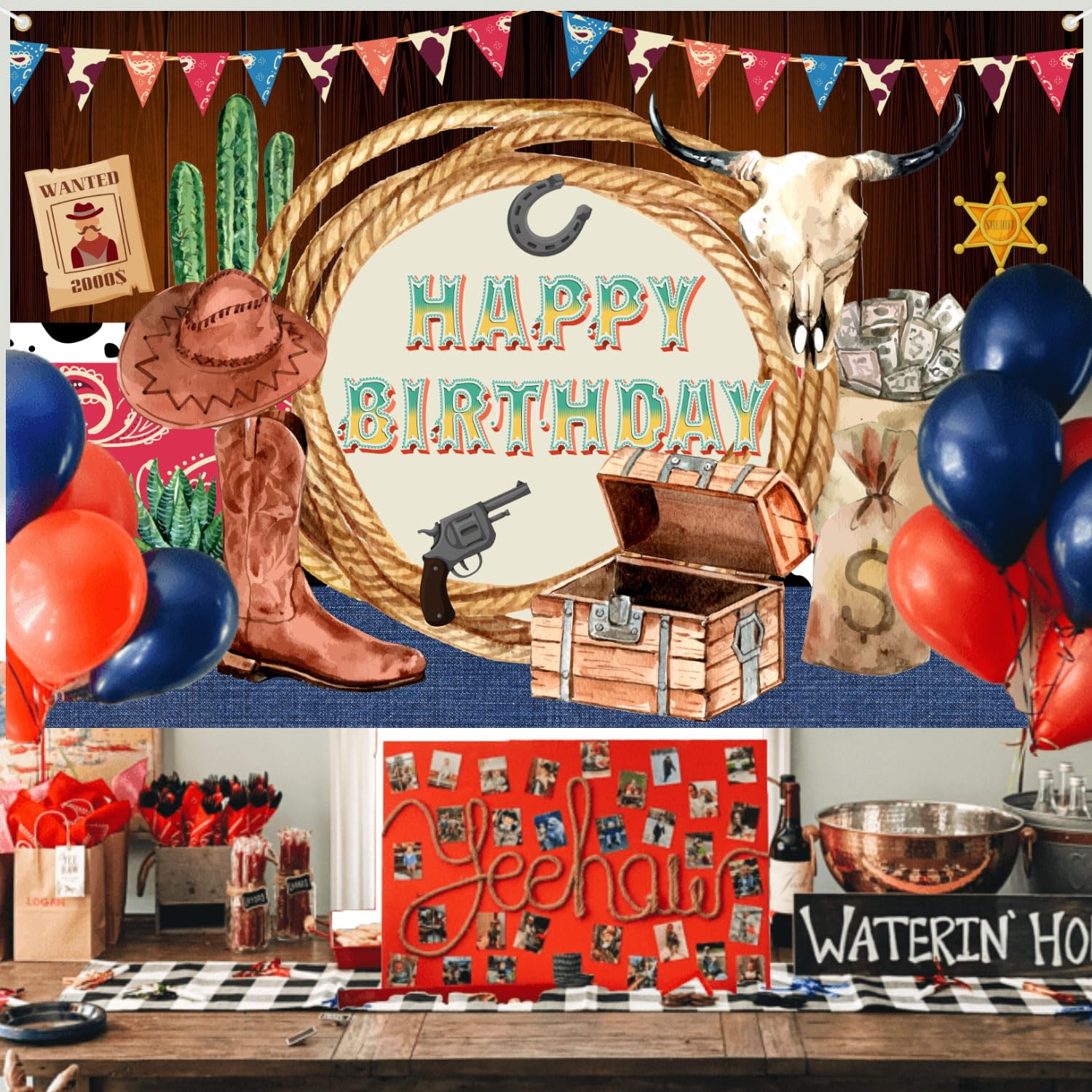 Tourima Western Cowboy Geburtstagsdeko - Happy Birthday Banner & Girlande