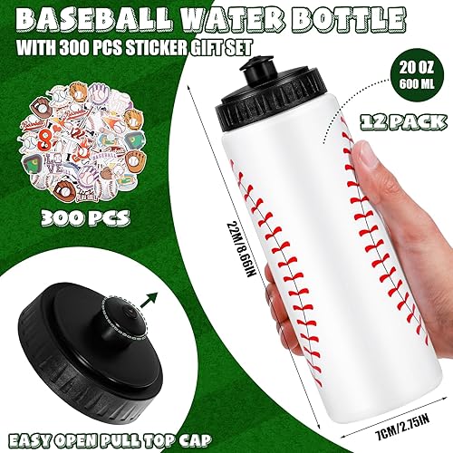 Miniatura 2 de DI QIU REN 12 botellas de agua de béisbol a granel con 300 calcomanías, botellas de agua de béisbol reutilizables de plástico de 20 onzas para