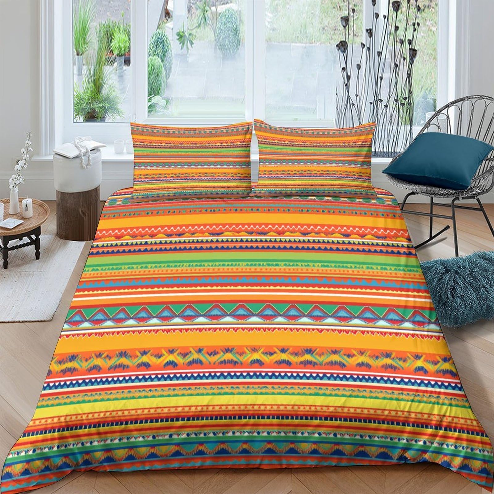 Ethnisches Muster 3-teiliges Pflegeleichtes Polyester BuntBohoStyle Kinderbettwäscheset, 2 Kissenbezug, Unsichtbarer Reißverschluss, Babysicher & Gifffrei King（220x240cm）