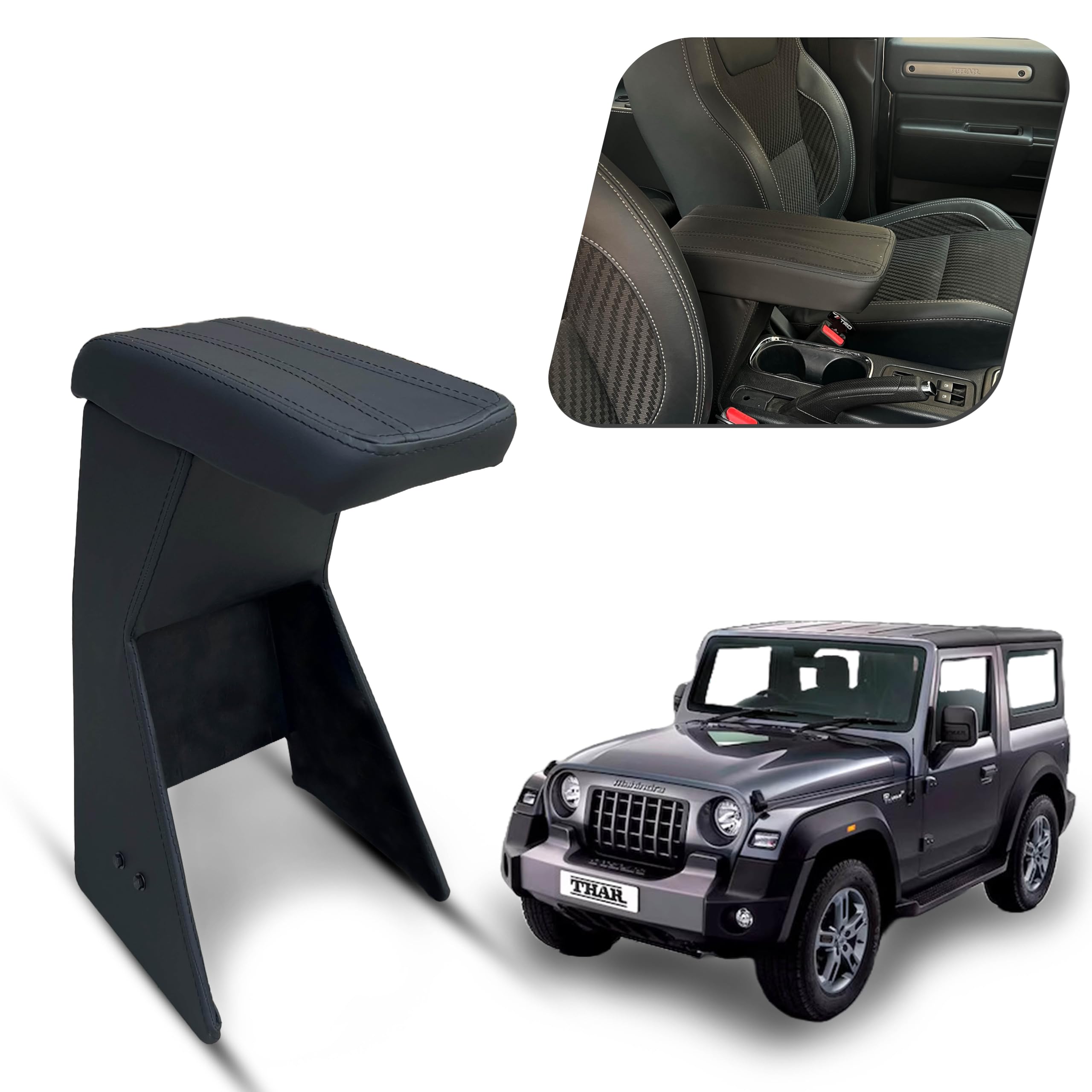 Carigiri Premium Car Centre Armrest for Mahindra Thar with High Density Moulded Foam Technology And Storage Compartment (Nappa Leatherette)(Models-2020-2024) ALL (Black with Black Double Stitching)-picture-10