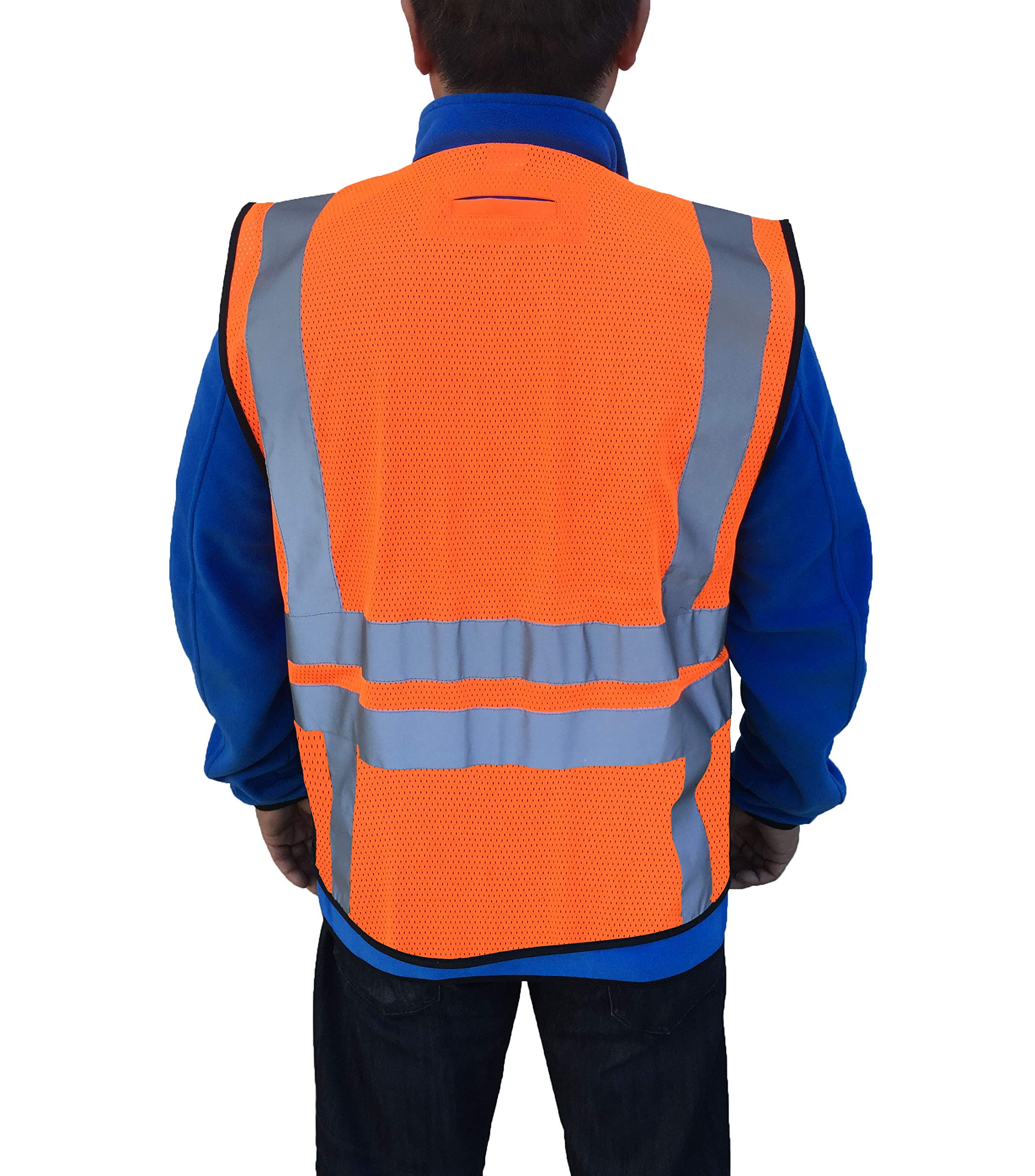 3C Products SV4400, ANSI/ISEA Class 2, High Vis Mesh Safety Vest w/Reflective, Zipper, 9 Pockets, Neon Orange w/Black Bottom,S