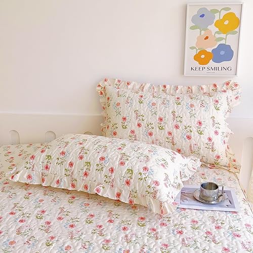 Miniatura 8 de EAVD Funda de edredón de flores rosas estilo jardín francés con volantes Queen de algodón suave elegante shabby chic juego de ropa de cama floral