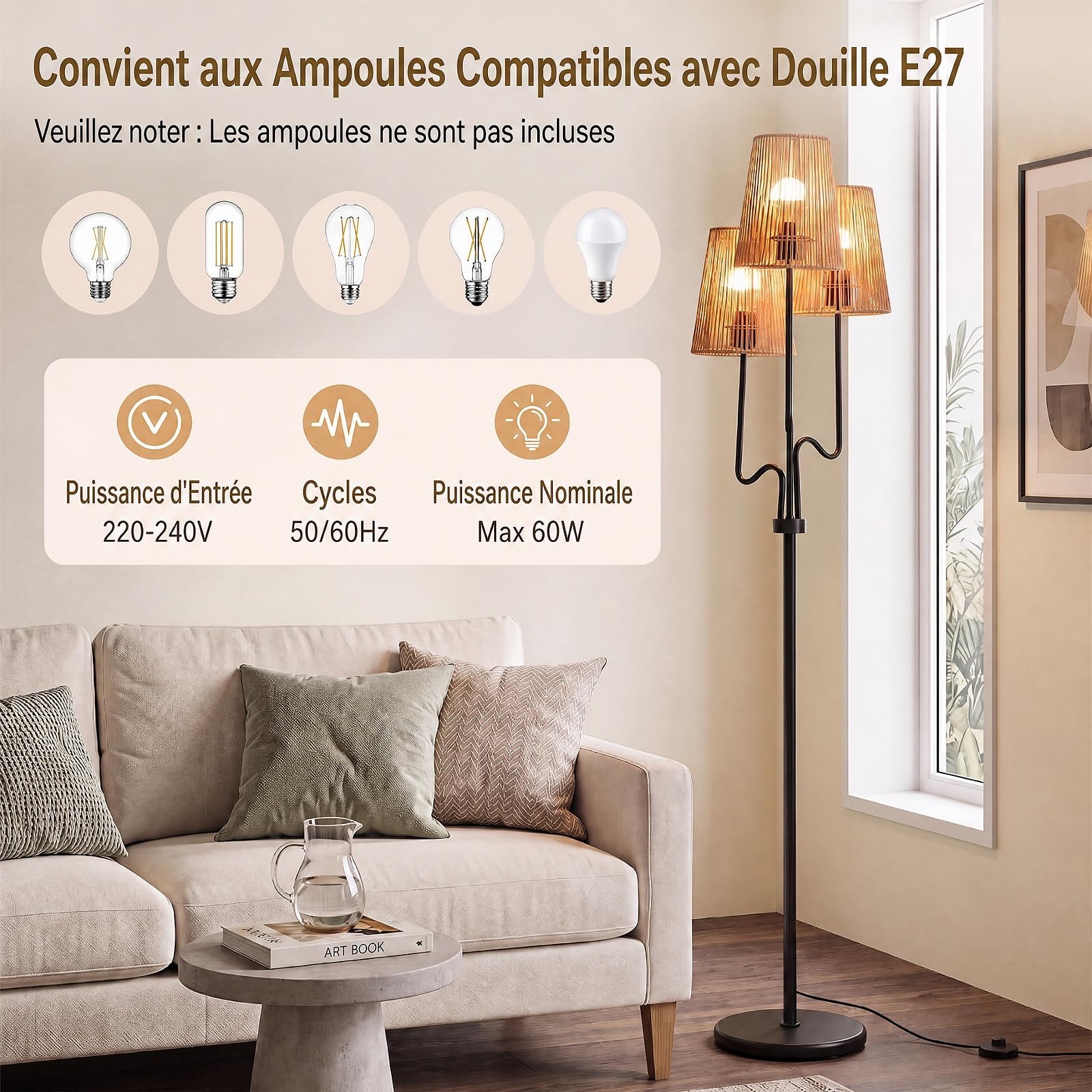 RELAX4LIFE Lampadaire sur Pied à 3 Lampes 175 CM avec Abat-Jours Tressés