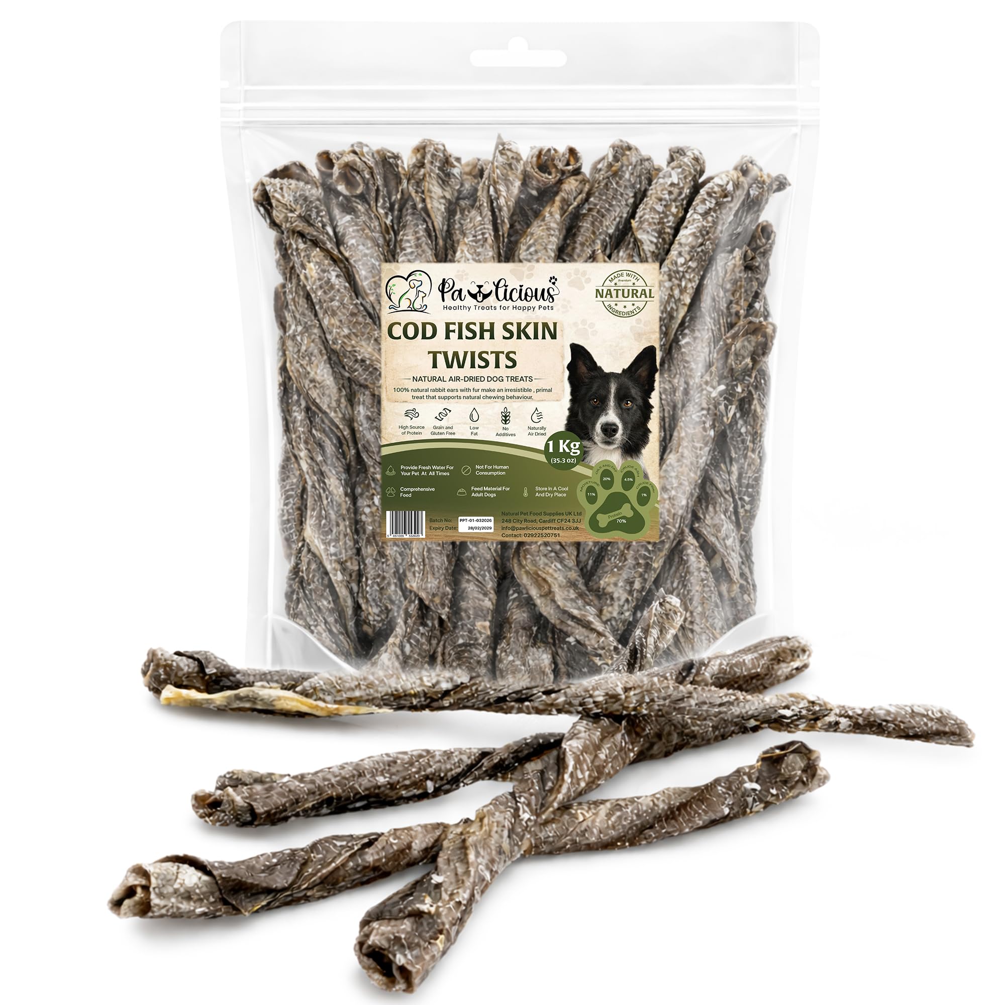 Pawlicious 1Kg Fish Skin Twists for Dog Treats, Healthy & Natural Treat for Dogs, Air Dried Hypoallergenic Grain Free, Low Fat & High Protein Dog Chews