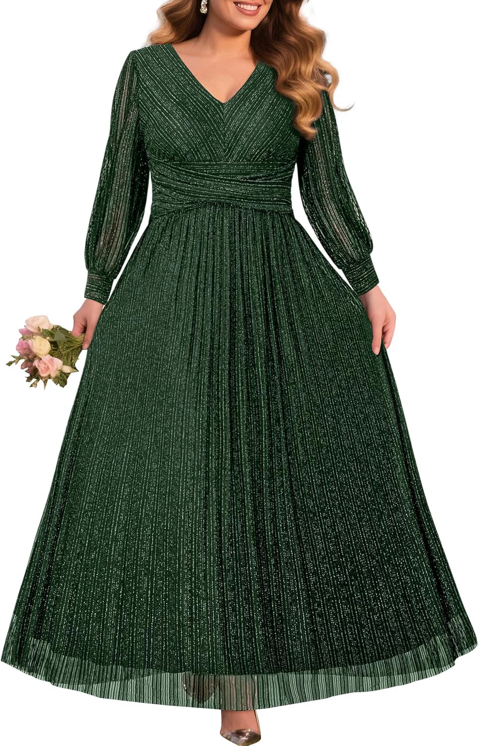Pinup Fashion Women Plus Size Formal Dresses - Evening Gowns Long Sleeve Wedding Guest Glitter Prom Long Dress