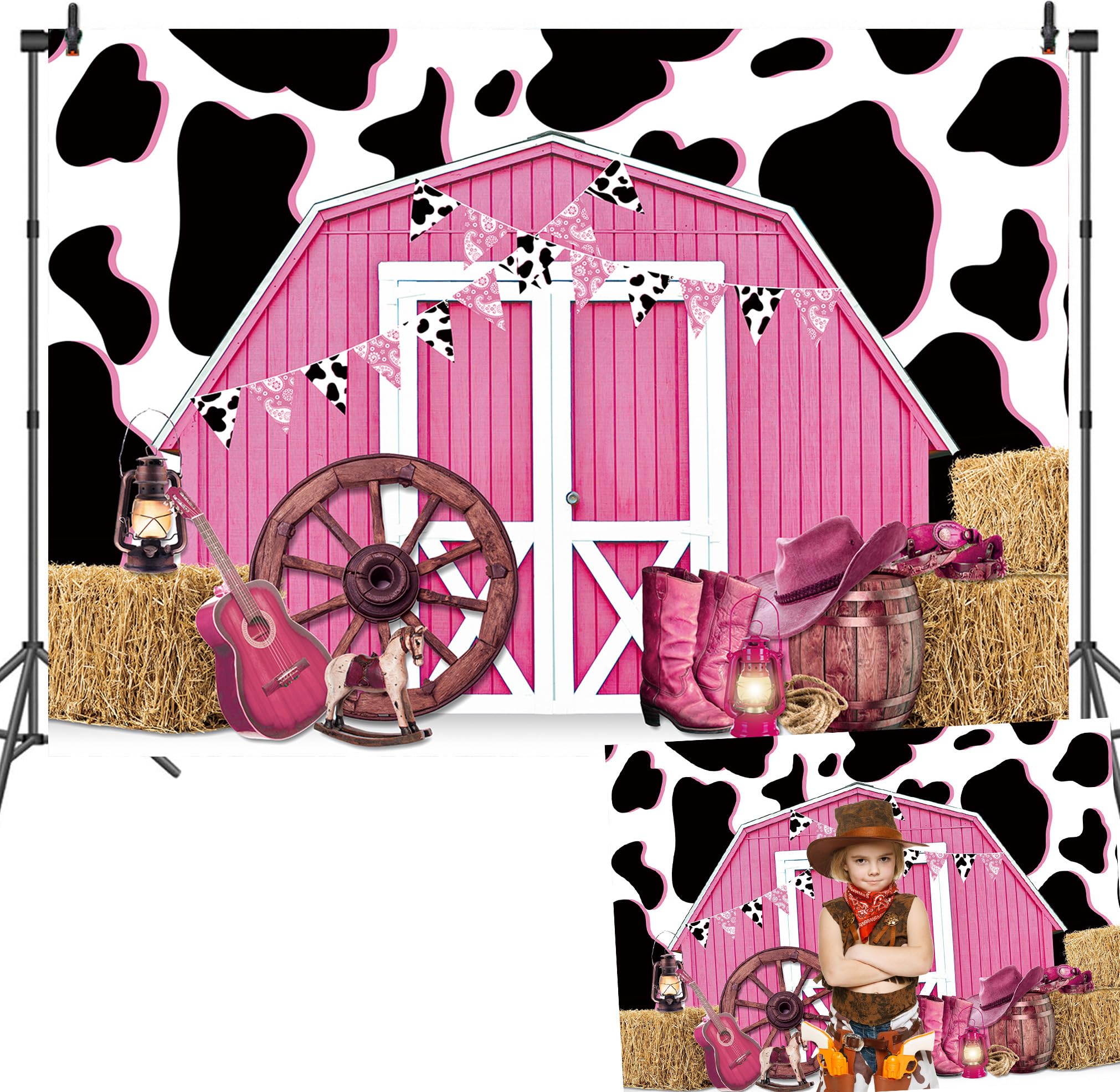 8x6ft Pink Barn Door Western Cowgirl Backdrop Cow Print Straw Barn Door Wood Background Western Country Farm Cow Girl Women Birthday Party Photo Booth