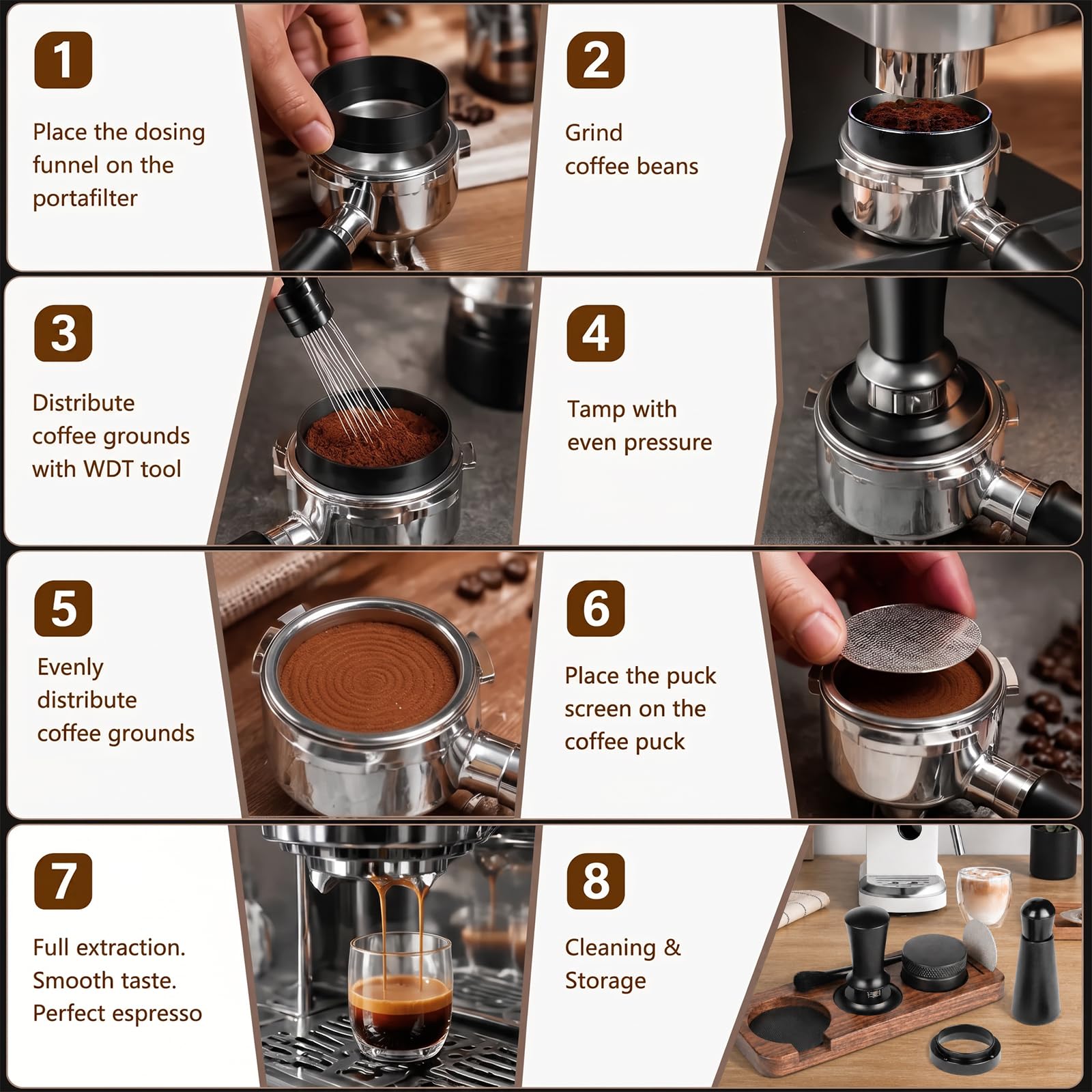Barista - Juego de prensador de café (7 piezas, 51 mm, con estación de apisonamiento, aguja, distribuidor, anillo dosificador de 53 mm, pantalla y cepillo, acero inoxidable 304)