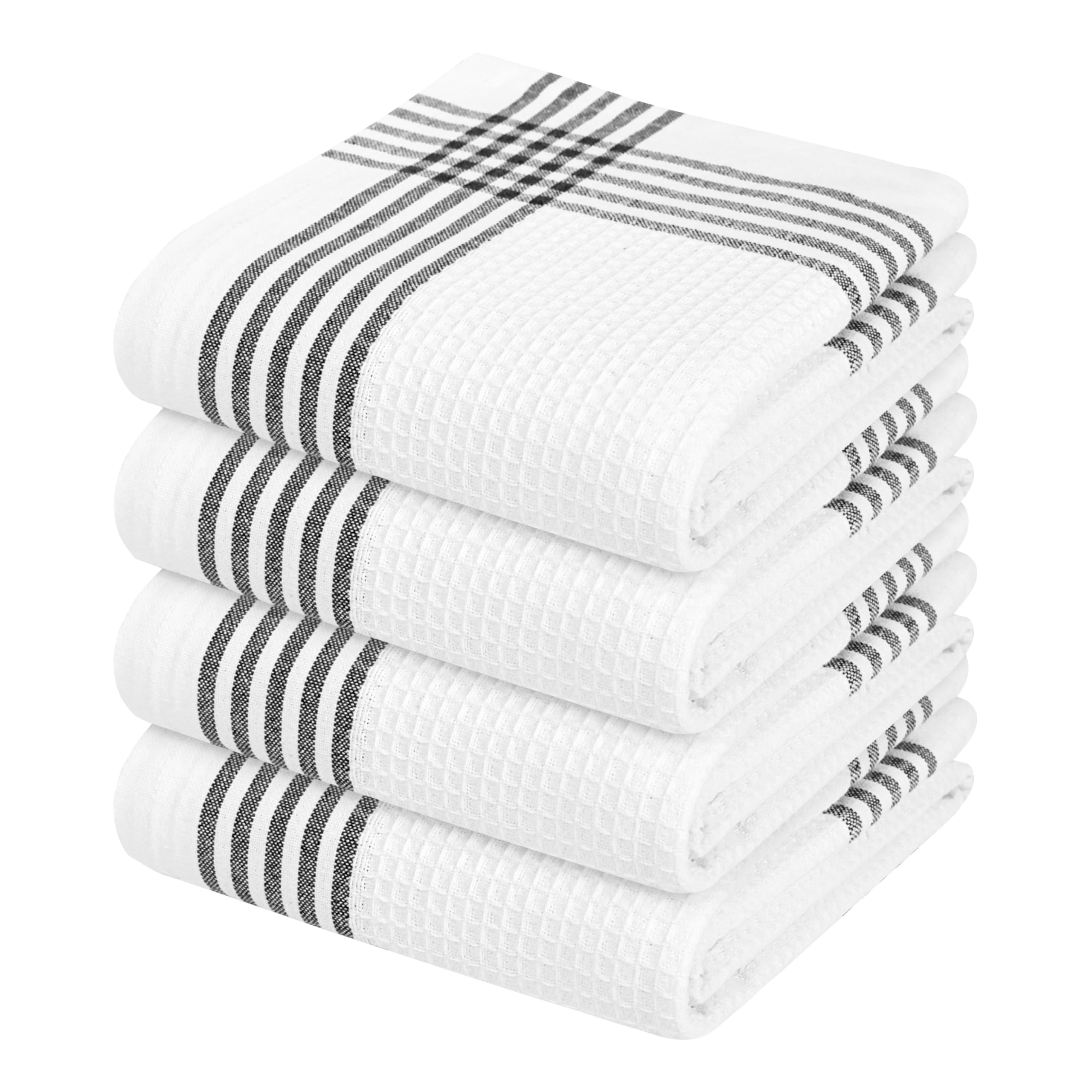 Waffle White &amp; Black 4 Pack Kitchen Dish Towels, 100% Cotton, 16x26 inches, Wash Rags for Drying Dishes, Highly Absorbent, Long Lasting Hand Towels Set for Daily Cooking &amp; Cleaning