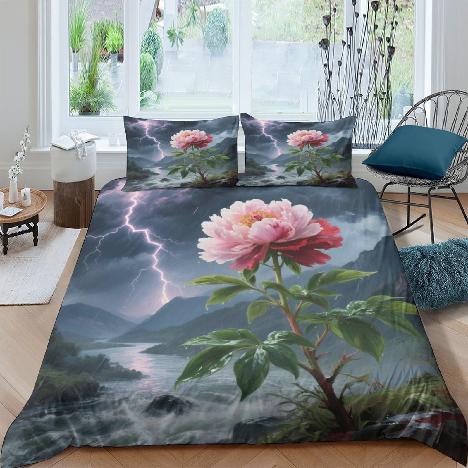 Housse de couette pivoine 3D King 220x240 cm en microfibre avec taies