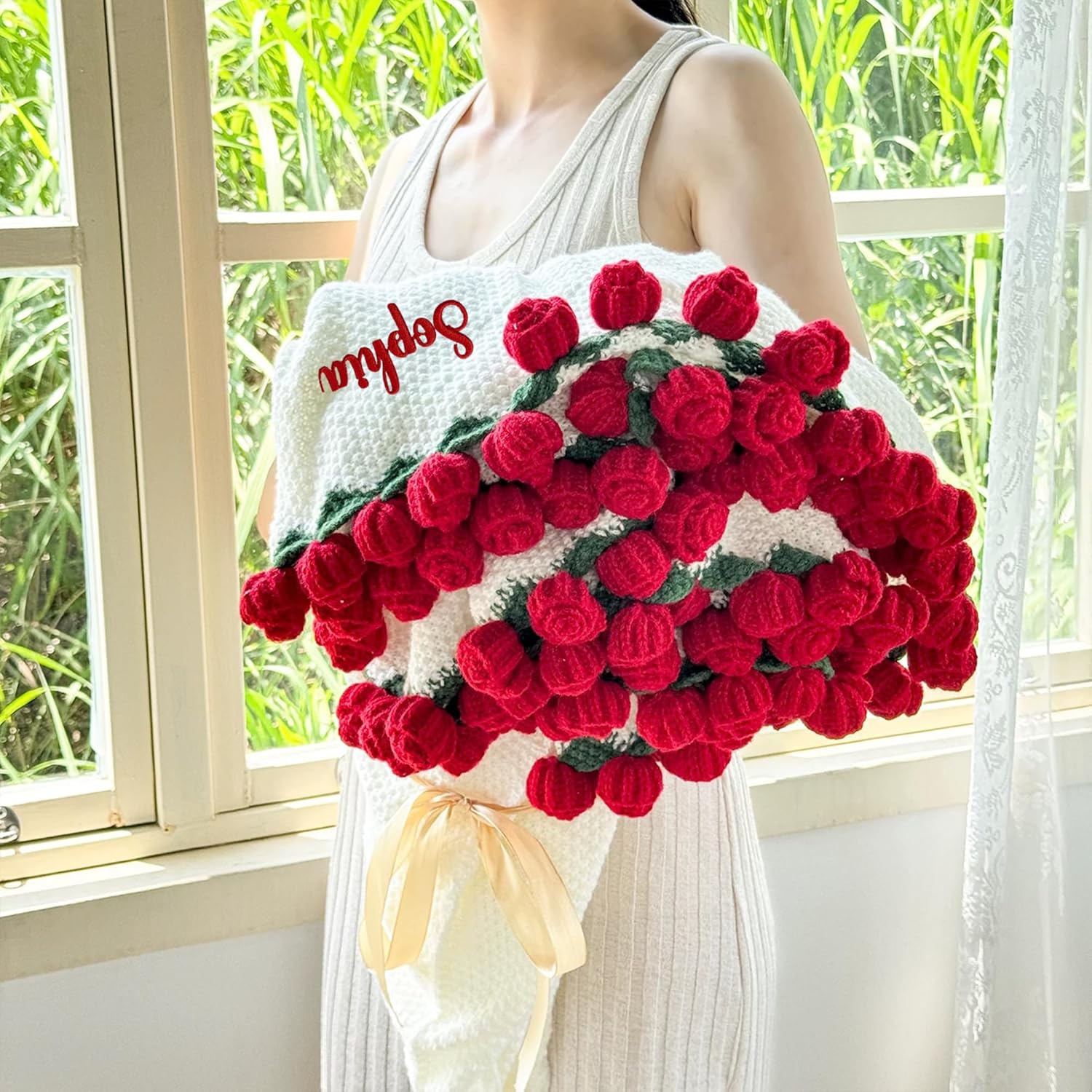 Custom Rose Flower Blanket with Embroidered Name - Personalized Red Crochet Bouquet Throw Blanket, Gift for Birthday Wedding Valentine’s Day Mother's Day Christmas - Image 5