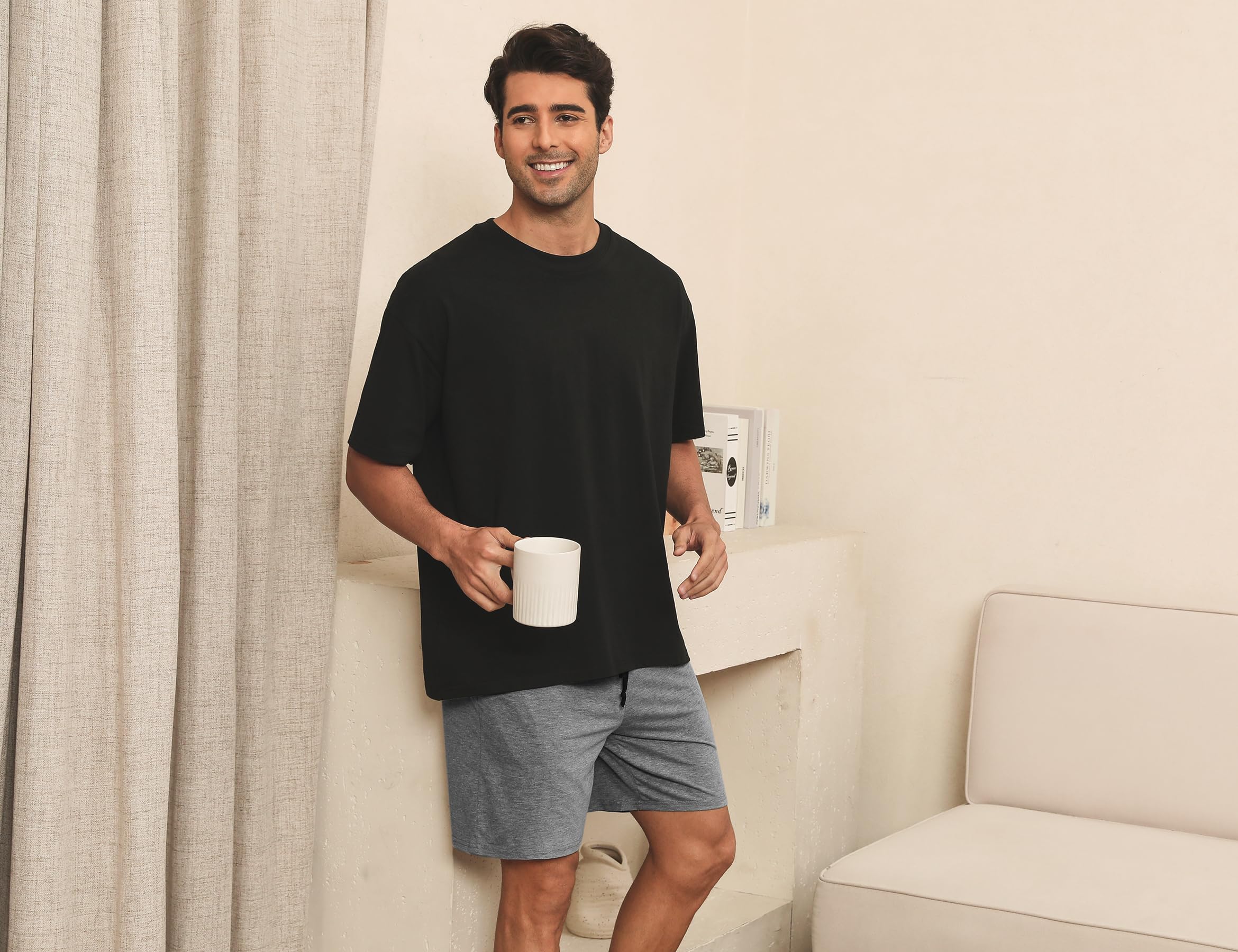 Nieery Pantaloncini Pigiama Uomo Cotone Pantaloncini Casual Corto Estivo Uomo con Tasche e Cintura in Vita，Due pacchi