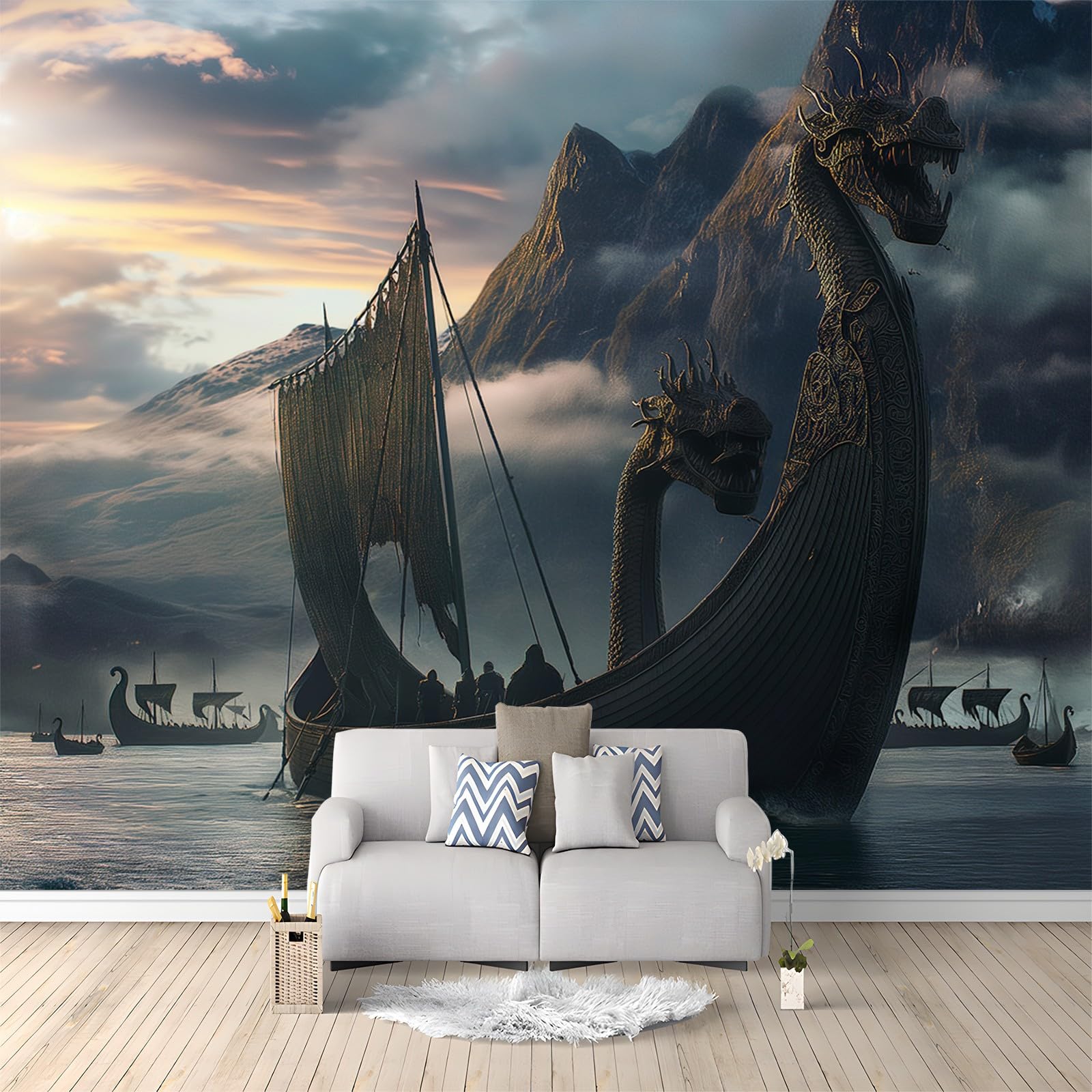Mural Wallpaper for Living Room Dragon Boat and Mountain 250 x 175cm Art Photo Wallpaper Non-Woven Wall Mural Wallpaper Poster, Modern Bedroom Kids Room TV Background Wall Decor