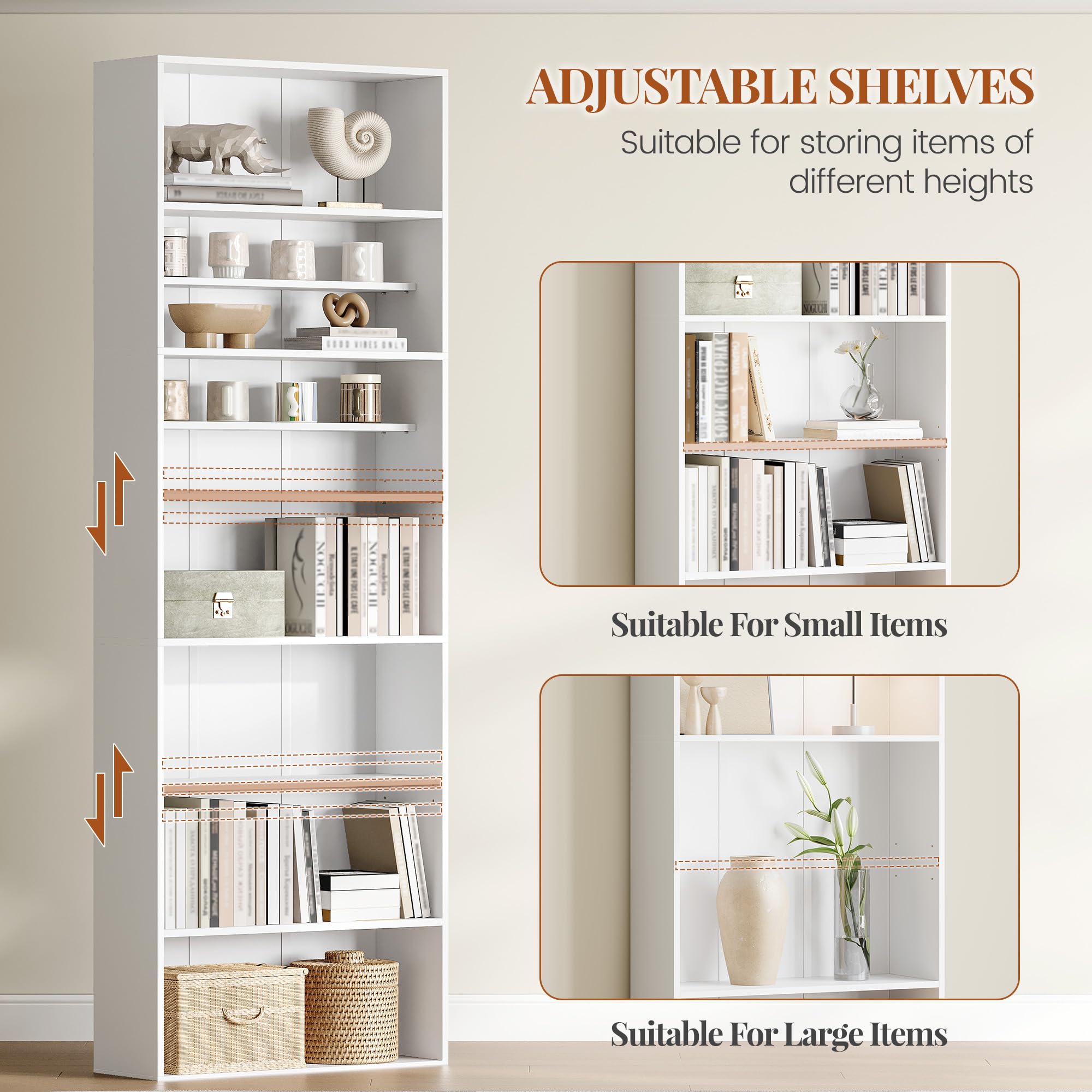 HEXCELEN Bibliothèque, Étagère de Rangement, Étagère à 7 Niveaux, Meuble de Rangement, pour Salon, Bureau, Chambre, Blanc, 24 x 60 x 205 cm
