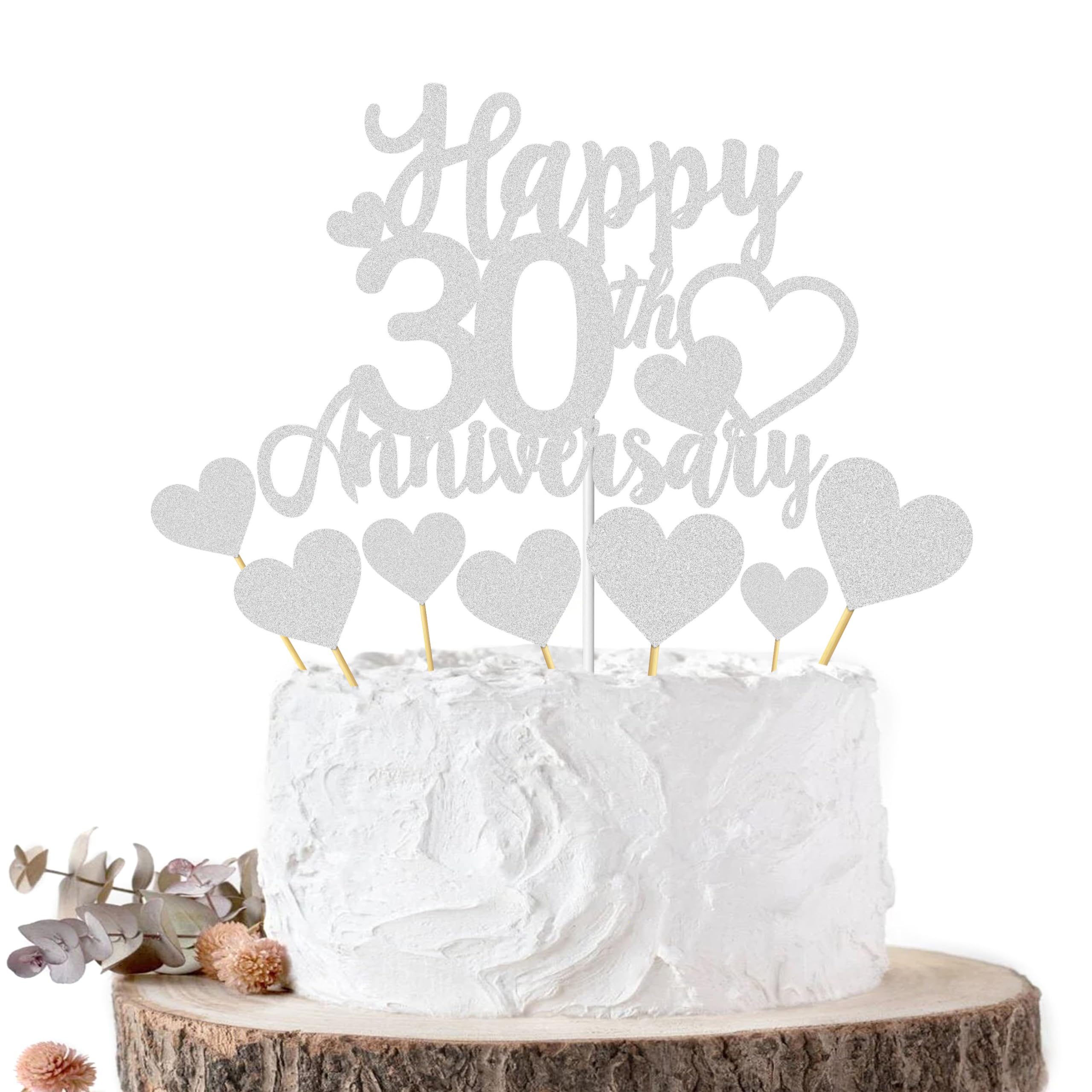 JoyeahHappy 30th Anniversary Cake Topper Decorations Silver Glitter Wedding Anniversary Cake Topper Supplies Party Cake Decor