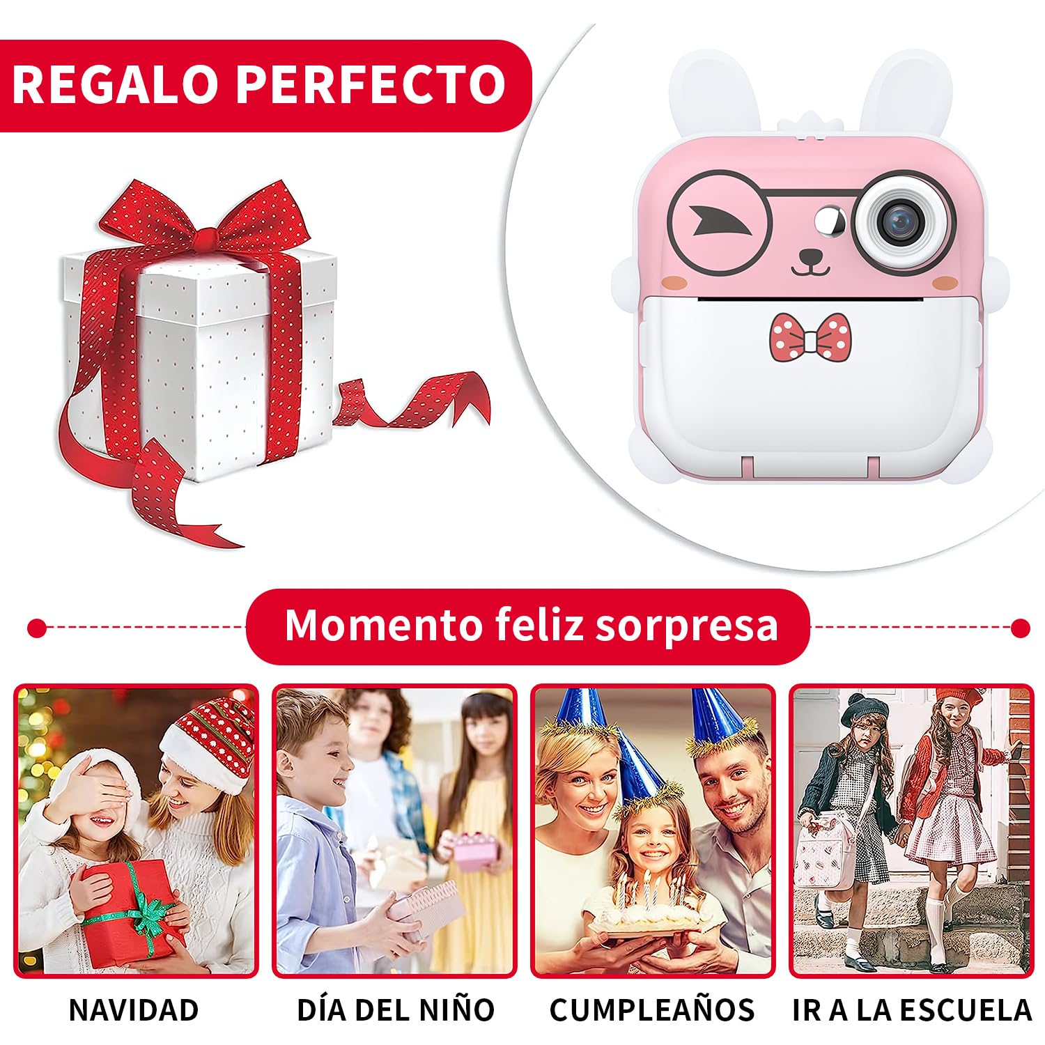 JESWO Macchina Fotografica Bambini Istantanea, Stampa Termica, Funzionalità di Registrazione Foto e Video HD, Inclusa Scheda SD da 32 GB, 3 Rotoli di Carta Termica e Adesivi