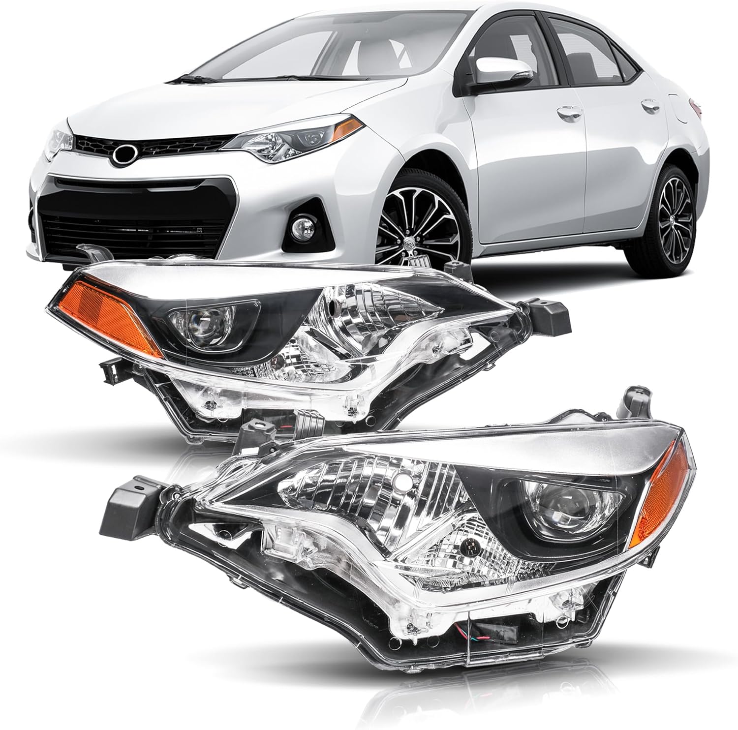 Headlights Assembly Compatible with 2014 2015 2016 Toyota Corolla Projector Headlights Headlamps Pair, Chrome Housing Amber