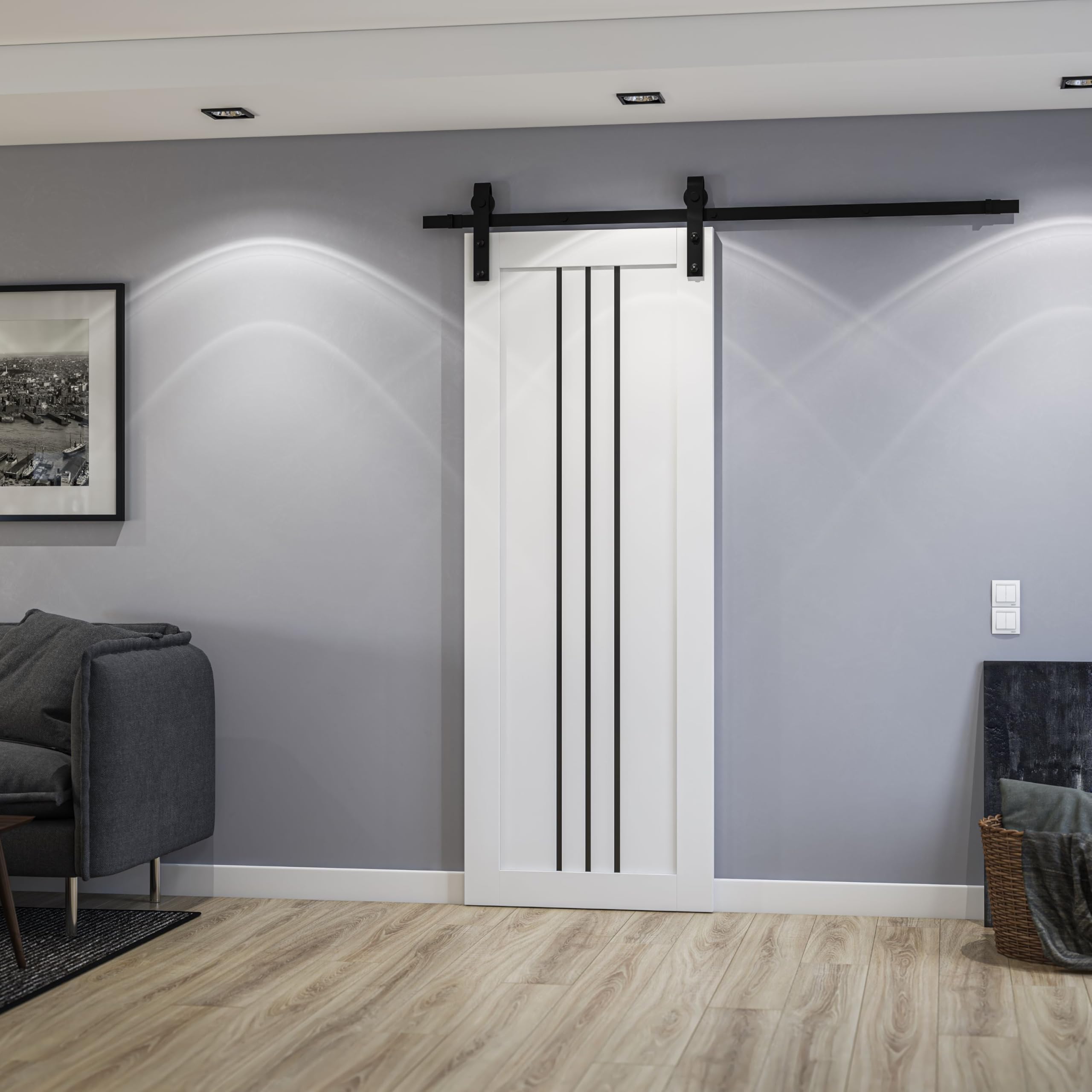 SARTODOORS Sliding Barn Door 28 x 96 inches | Base 6094 White Single Barn Door/Black Rail | Opaque Glass MDF Modern | Bedroom Living Room