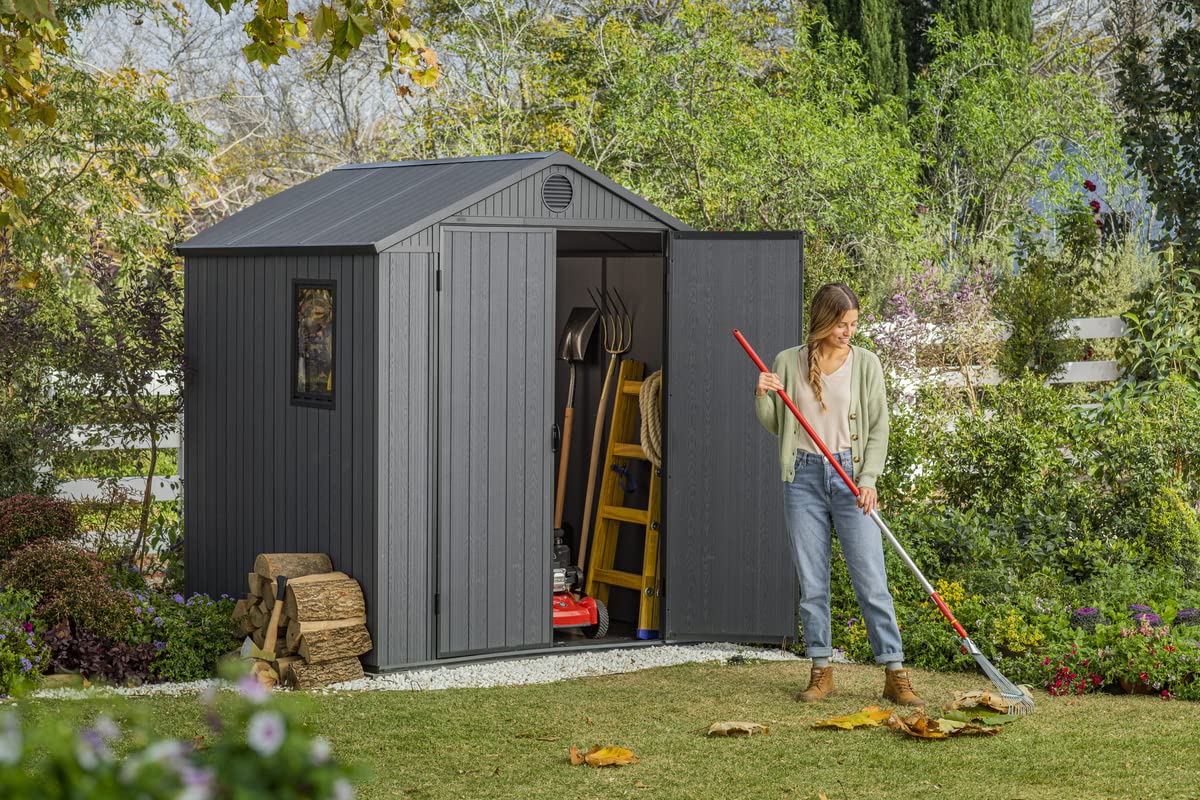 Keter Darwin Caseta de Jardín Exterior Gris, 190x183x221. 3,3m2, Efecto Madera, Resistente a UV, con Ventilación (6x6)