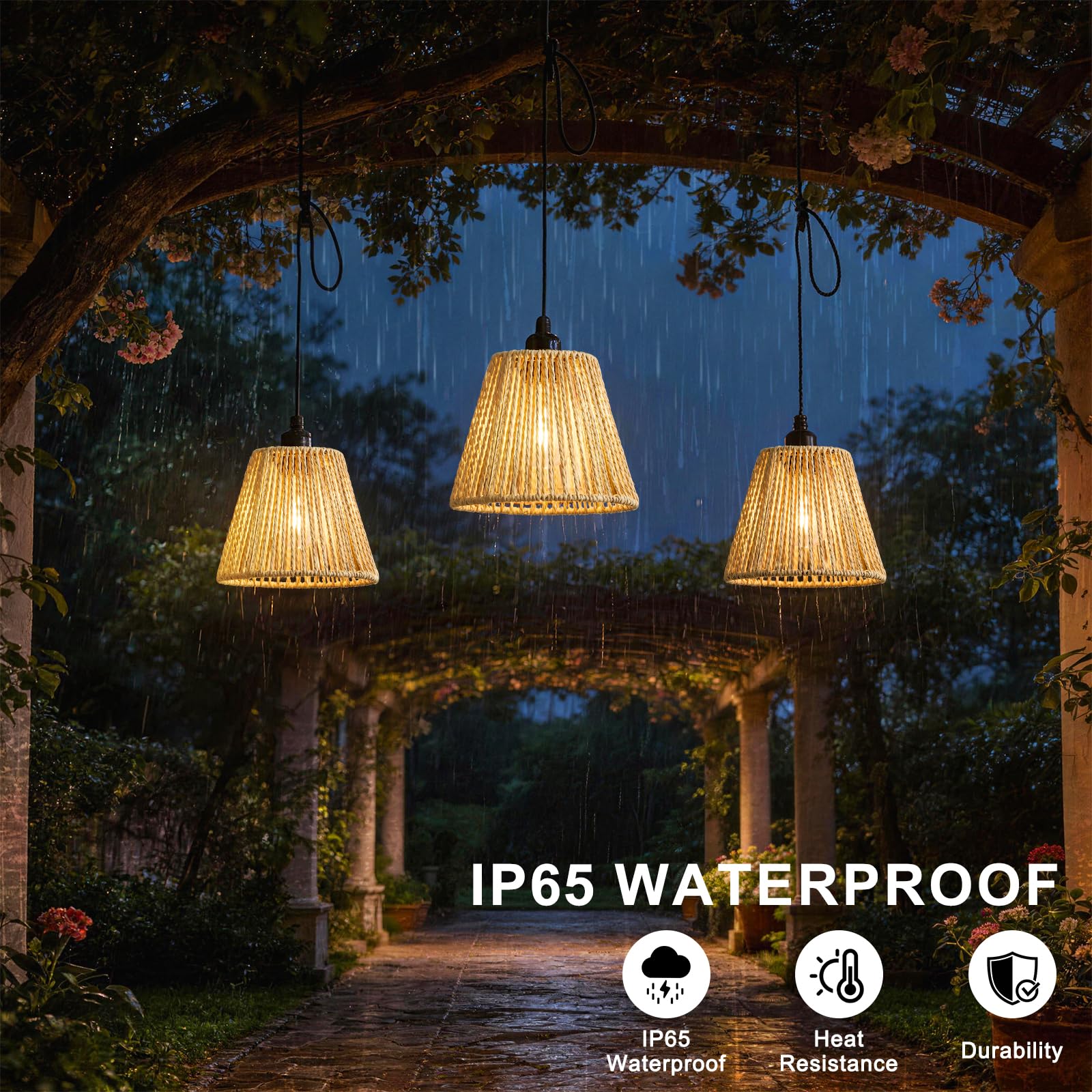 Lightess 3x Pendelleuchte Akku Hängelampe dimmbar Hängeleuchte Boho IP65 | Rattan-Lampenschirm, ohne Stromanschluss, Fernbedienung dimmbar 4 Stufen & Timer für Garten, Terrasse, Schlafzimmer, Esstisch