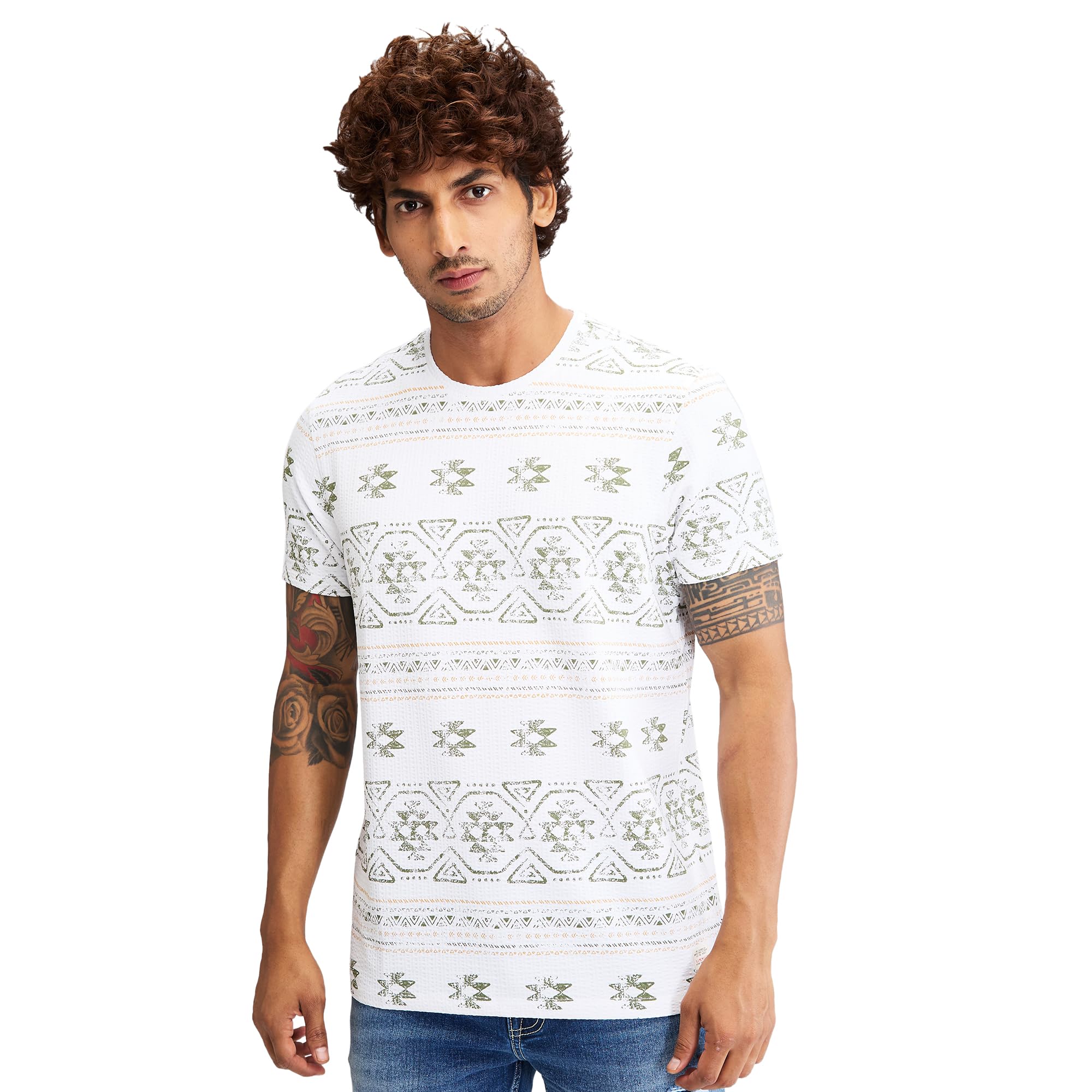 Spykar Men's Cotton Printed Slim Fit Half Sleeves T-Shirt in multi