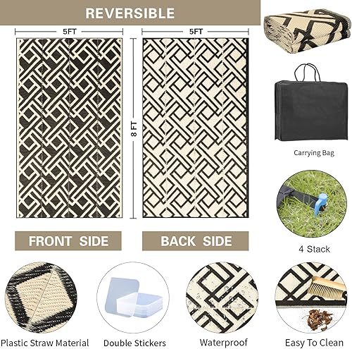 Miniatura 3 de Alfombras reversibles de exterior para decoración de patio, 5 x 8 pies, impermeable, alfombra de área grande, antideslizante, portátil, para