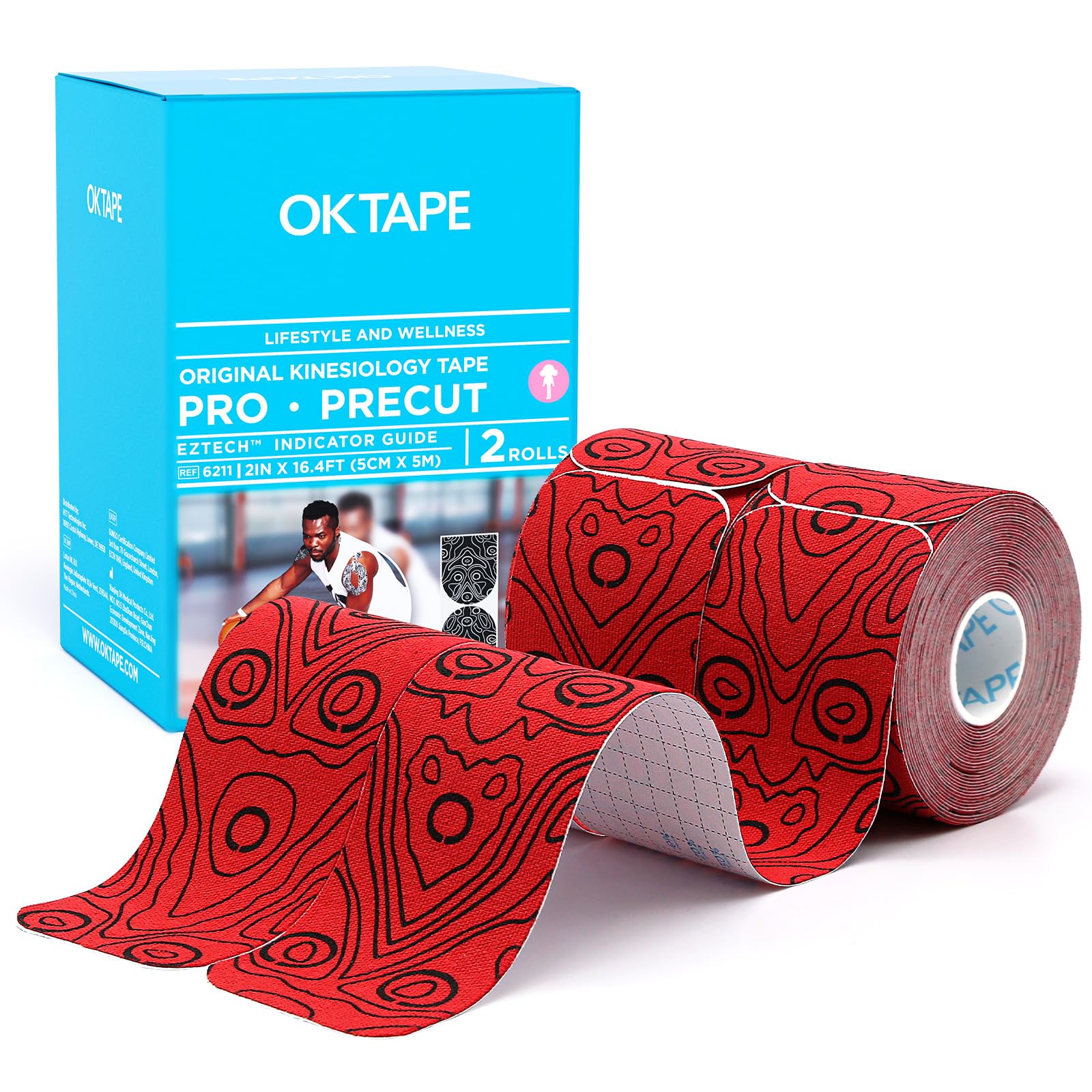 OK TAPE PRO Original Kinesiology Tape Pre-Cut Strips Latex Free Elastic Athletic Tape Roll 2in 16ft 2Rolls Red