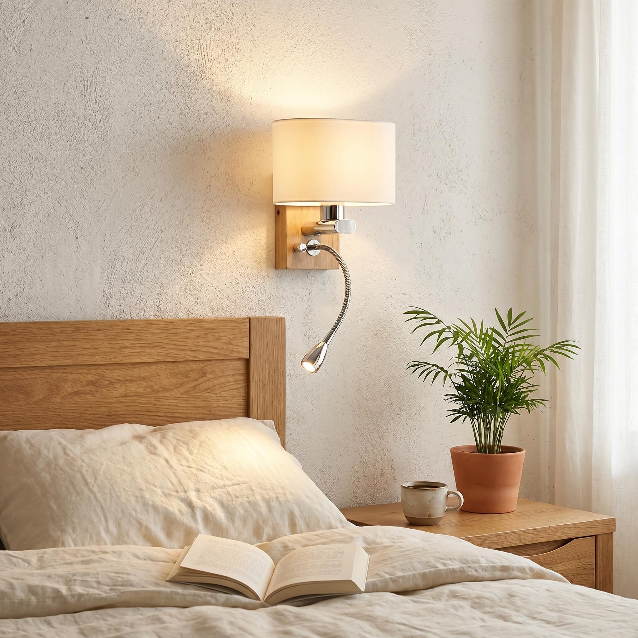 Barcelona LED Wandleuchte „Arti“ mit LED Leselicht 3W, Flexarm, E27 Fassung, Holz & Opalglas, Warmweiß 2700K, Moderne Nordische Bettlampe für Schlafzimmer, Hotel Leseecke