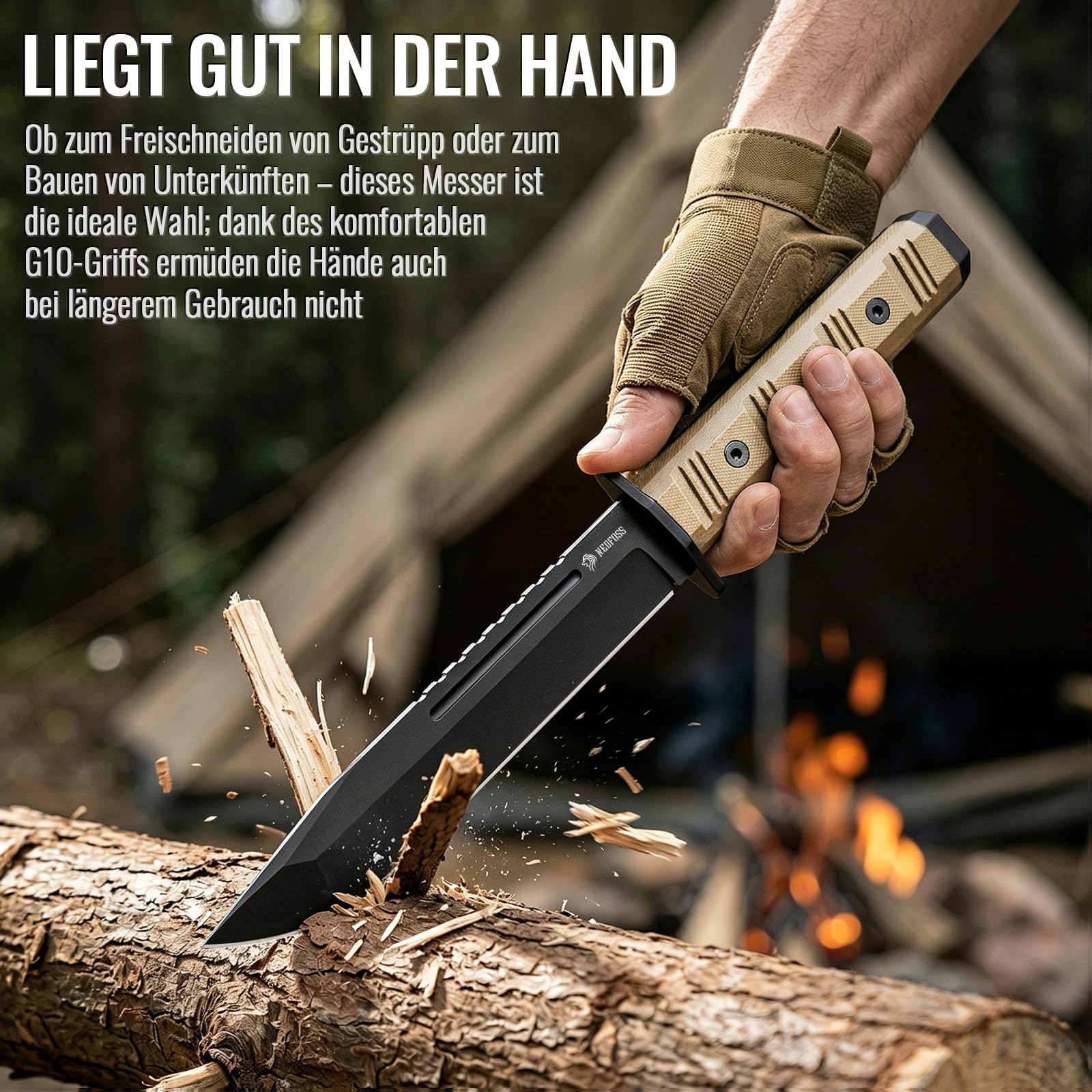 NedFoss BRAVE Bowiemesser, 17.2CM D2 Stahl FULL TANG Outdoor Messer mit G10 Griff & Kydex Scheide, Survival Messer mit Titanium, Großes Jagdmesser, Bushcraft Messer für Camping, Geschenk, Sammlung