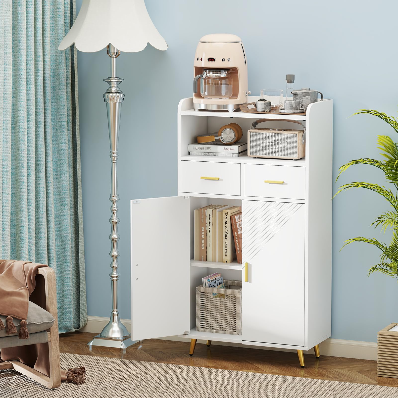 LIFEZEAL Credenza Cucina, Mobile Dispensa, Armadio, Madia, con 2 Ante, Cassetti, Ripiano Regolabile, Scomparto Aperto, Moderno, Salvaspazio, Soggiorno, Sala, Ingresso, in Legno, 60x30x113cm, Bianco