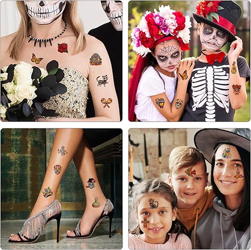 Miniatura 5 de DPKOW 96 piezas de tatuajes temporales del Día de los Muertos para niños, tatuajes de Día de los Muertos, impermeables, para festivales mexicanos,