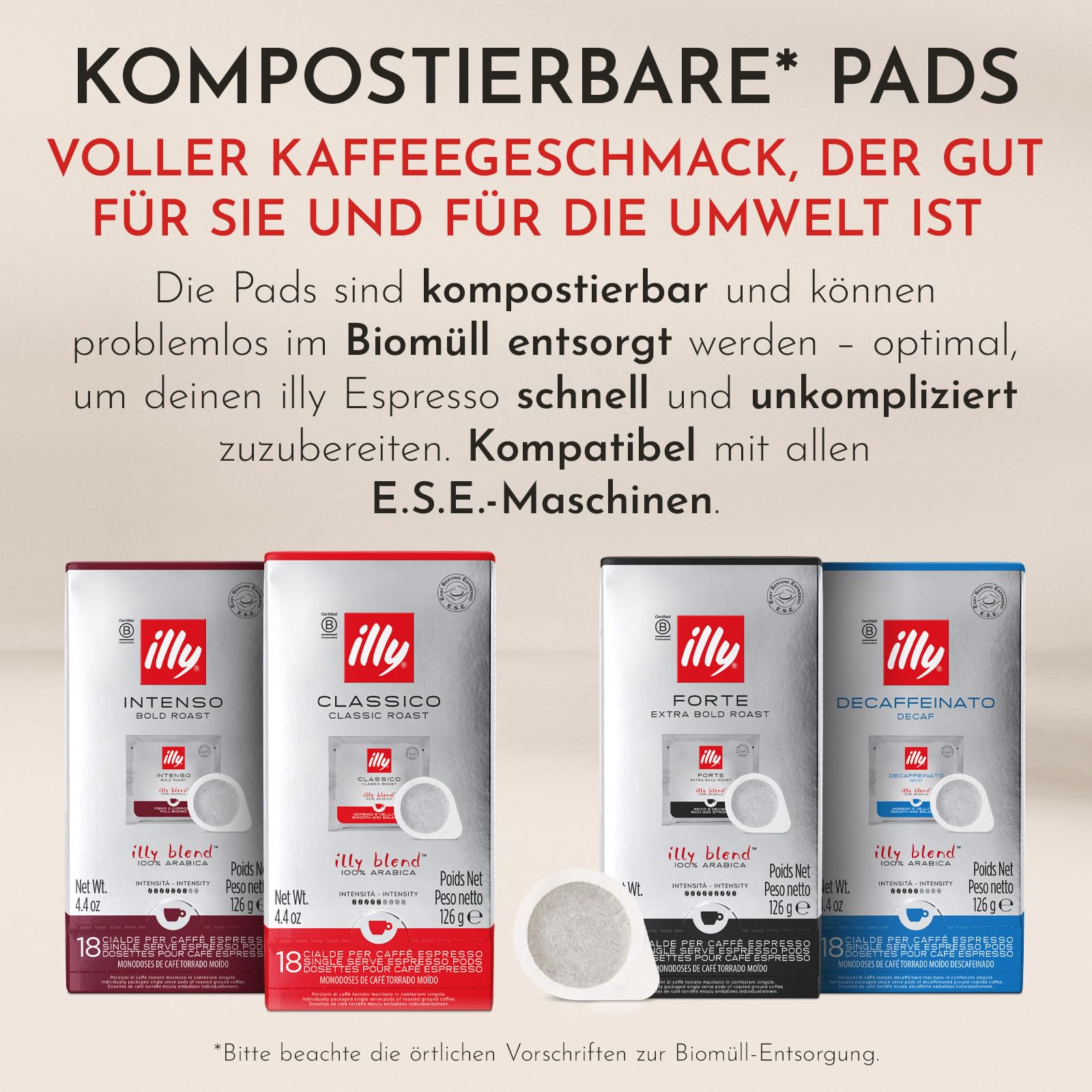 illy, Kaffee in E.S.E. Pads ENTKOFFEINIERT, 216 kompostierbare Pads | 100% Arabica mit Noten von Karamell, Schokolade und Geröstetem Brot, Ausgewogener Geschmack, Koffeinfrei, 12 Packungen à 18