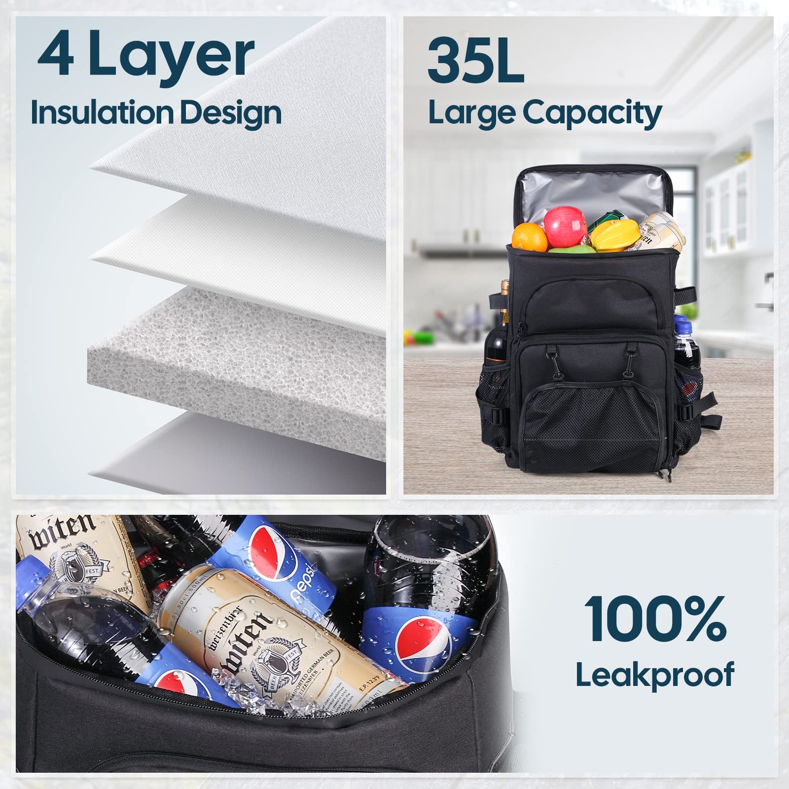 DEWUR Kühlrücksack 35L Thermo Rücksack Kühltasche Wasserdichter Picknickrücksack mit Flaschenöffner für Picknick Camping Strand Wandern Reisen Einkaufen Schwaz