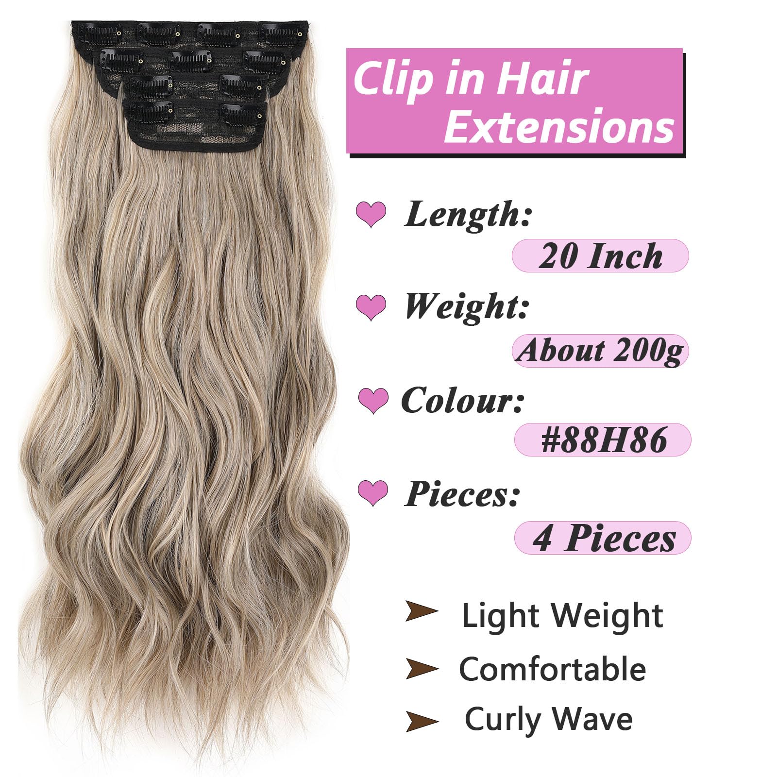 Samtress 20 Inch Clip in Hair Extensions for Women 4 PCS Long Wavy Clip in Hair Extension Ashy Blonde Synthetic Fiber Thick Hairpieces (#88H86) - Image 2