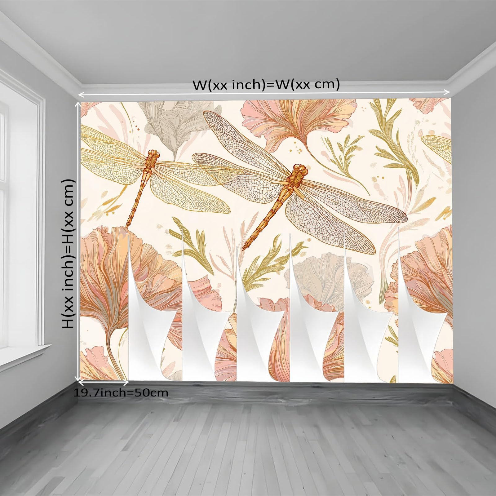 Tapeta z włókniny 350 x 256 cm, kwiatowy wzór ważki, dekoracja ścienna do głównej sypialni i salonu, kremowa