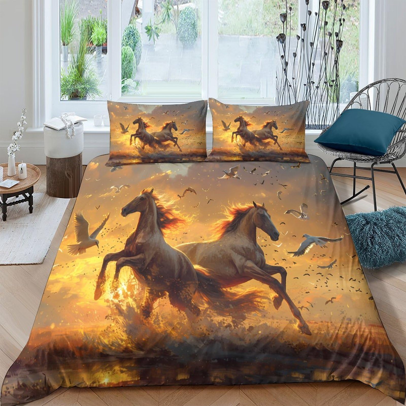 Ctjqhvkz Style-6 3D Printed Wild Horse Sunset Fitted Sheet Microfiber Soft Anti-Slip Mattress Cover For Bedroom Dorm Decor Single（135X200cm）